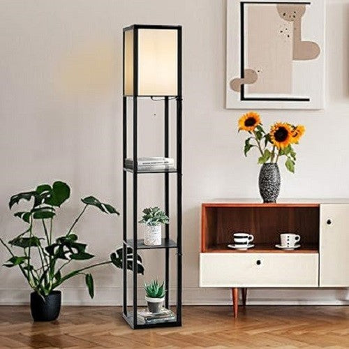 Floor Lamp with Shelves Storage Standing Light Glossy Shade Reading Lamp