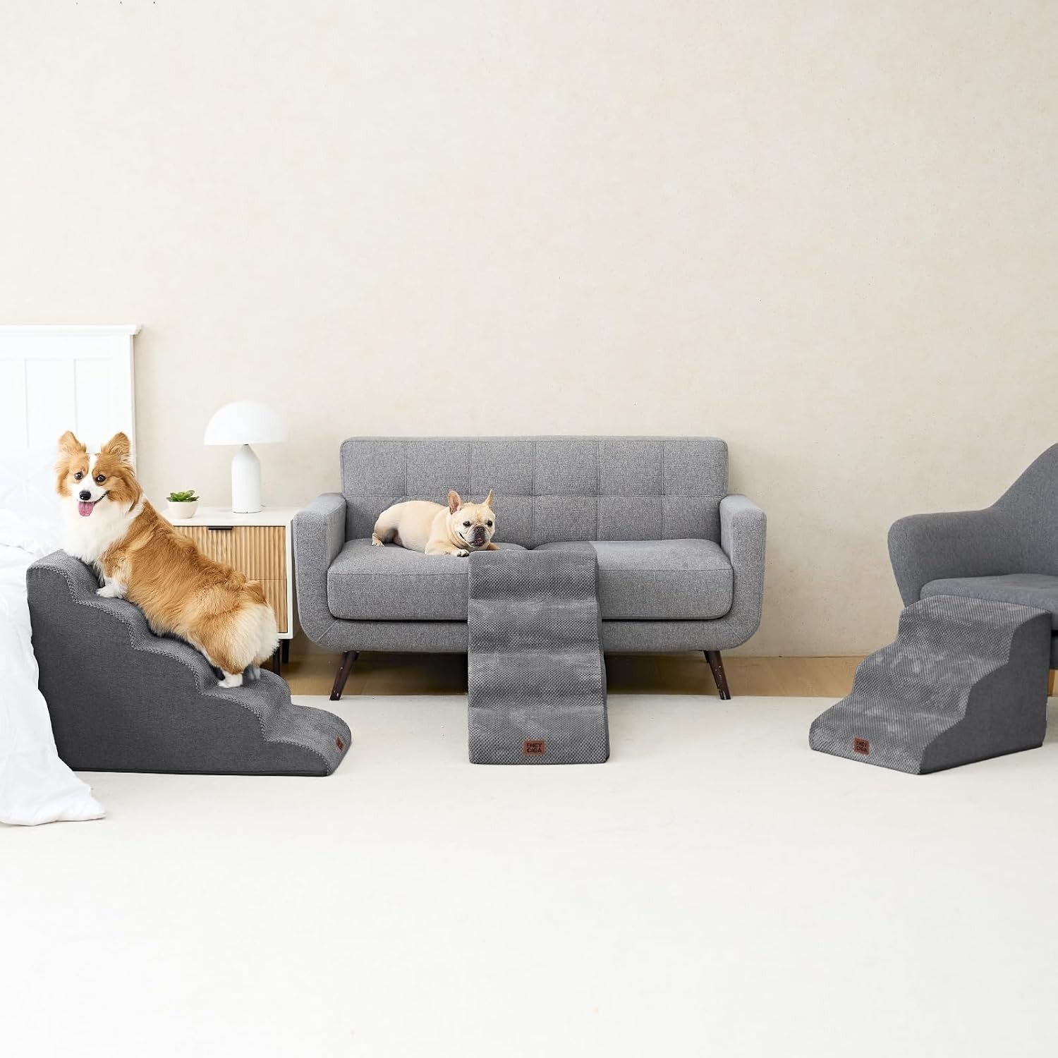 4 Step Dog Stairs for High Bed Non Slip Foam Pet Steps Washable Grey