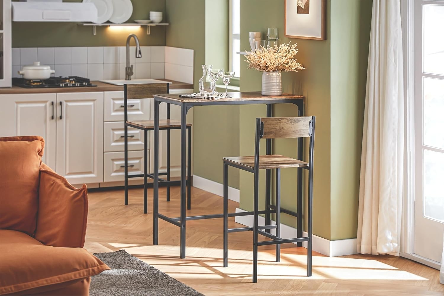 3 Pieces Bar Table Set with 2 Stools Modern High Dining Breakfast Furniture