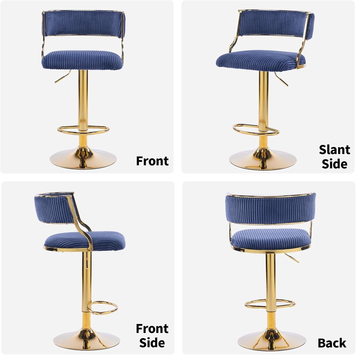 Blue Corduroy Adjustable Swivel Bar Stools Set of 2 with Back
