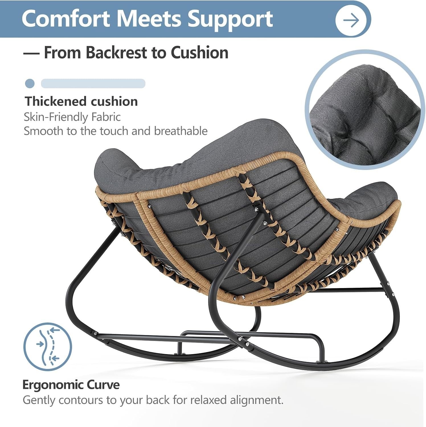 Outdoor Egg Rocking Chair with Cushion, Modern Patio Lounge Chair, Large & Durab