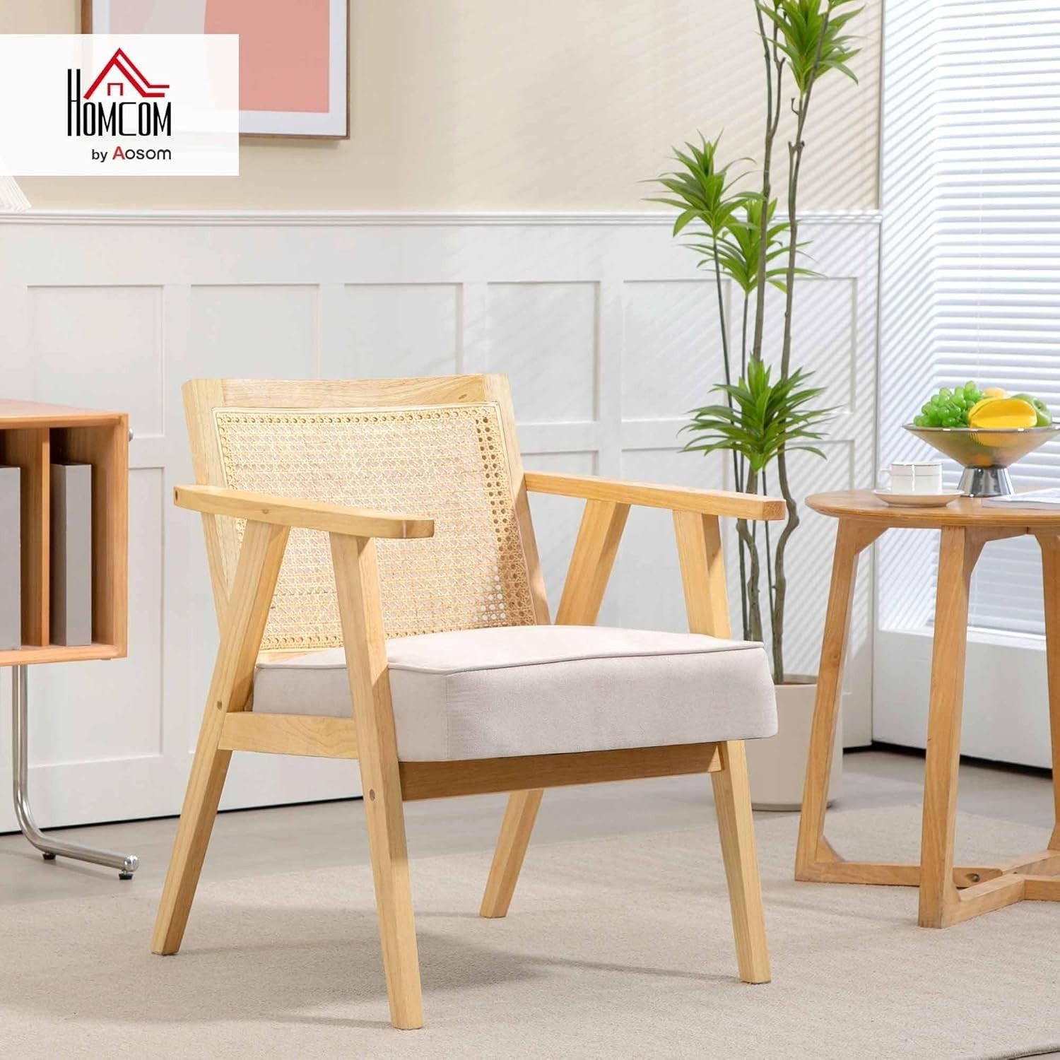 Fabric Accent Armchair With Rattan Back Solid Wood Indoor Lounge Chair