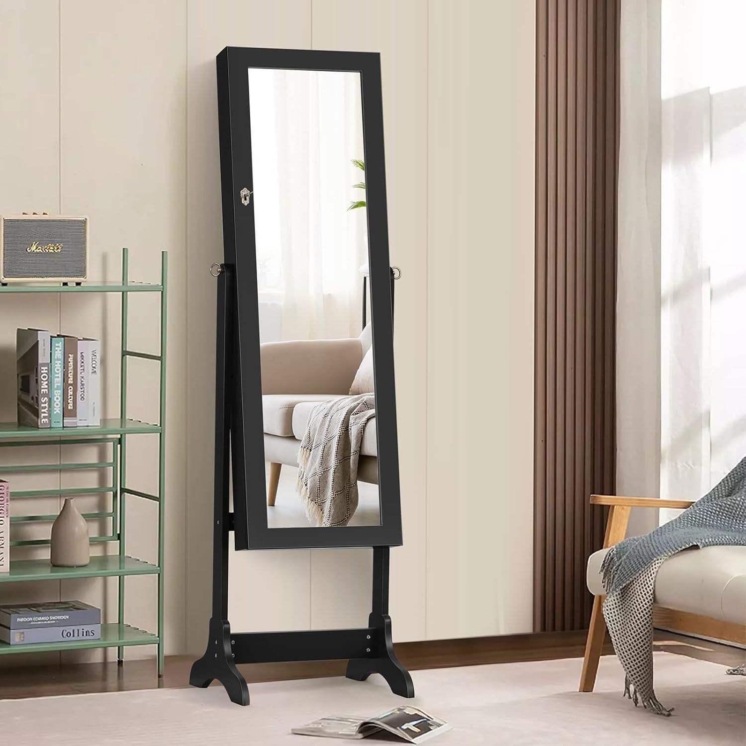 Lockable Standing Jewelry Armoire Full Length Mirror Large Storage Black