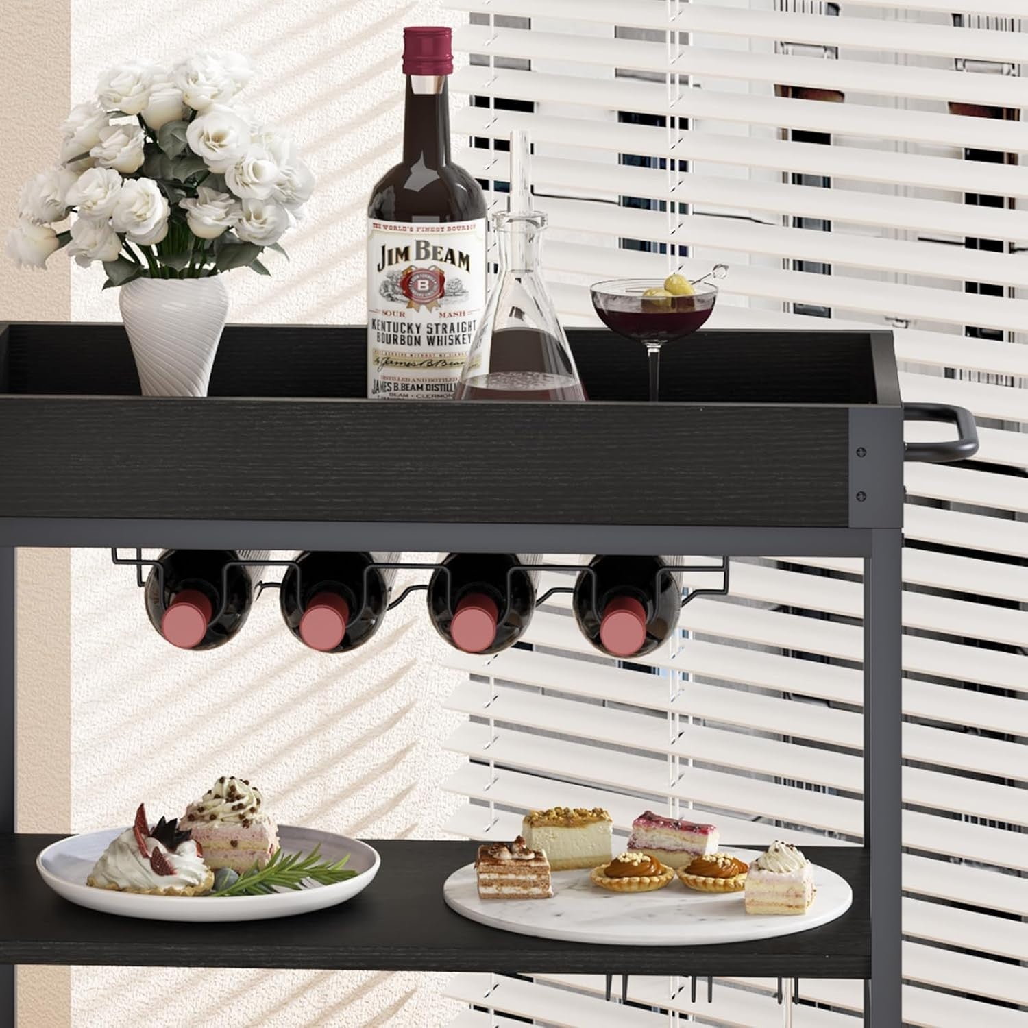 3 Tier Rolling Bar Cart with Wine Rack & Glass Holder Serving Trolley on Wheels