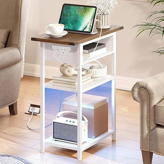 Slim LED Bedside Table with Charging Station, 3-Tier Nightstand for Small Spaces