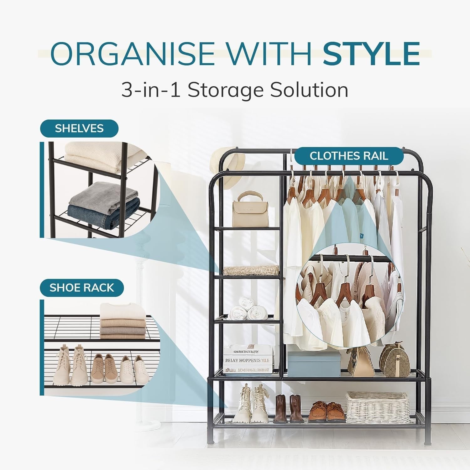 Heavy Duty Double Rail Clothes Rack with Shelves – Black