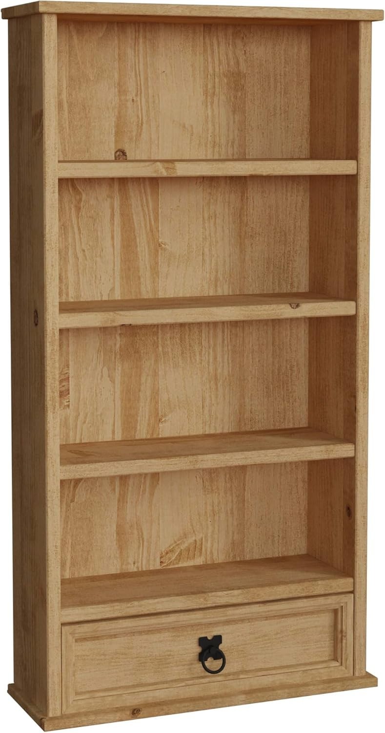 Solid Pine Wood Bookcase with Drawer Rustic CD DVD Storage Shelf Corona