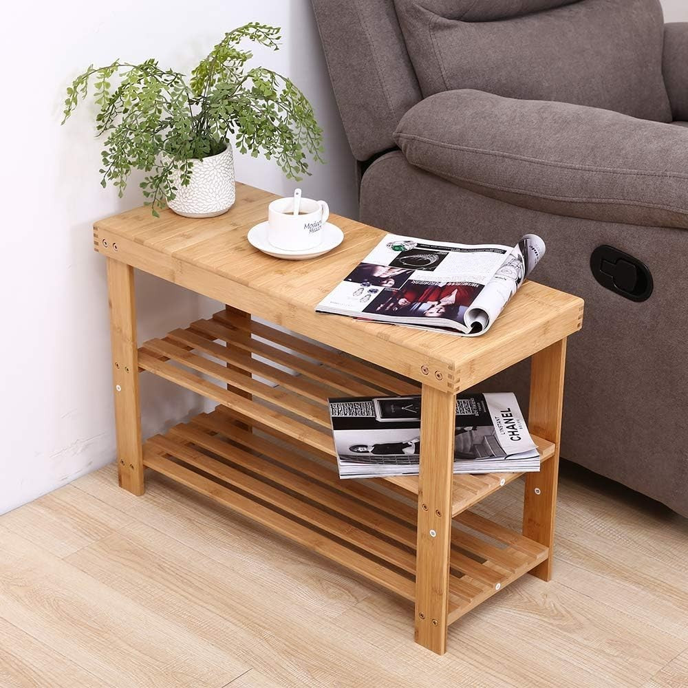 Natural Bamboo 3-Tier Shoe Storage Bench – Eco Entryway Organizer Seat