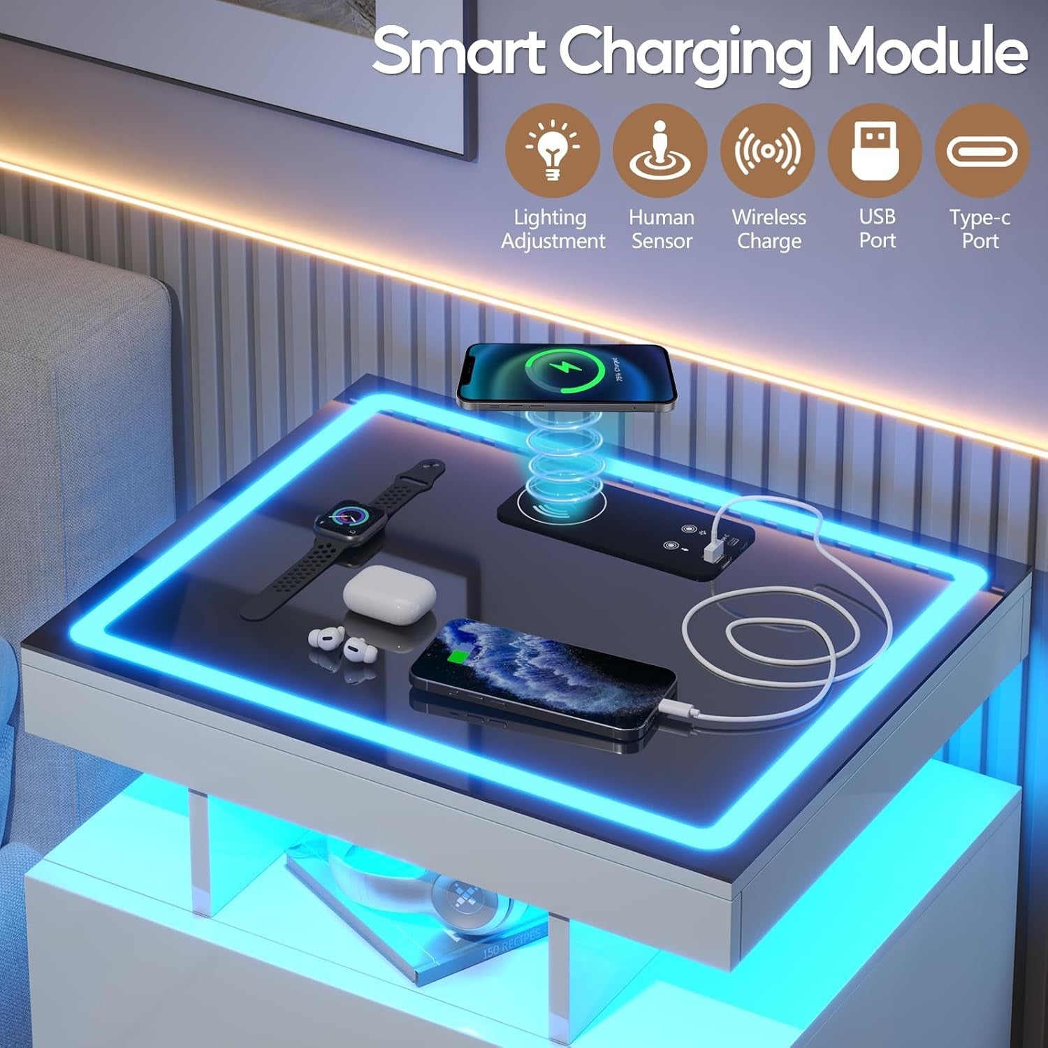 White LED Bedside Table with Wireless Charging, Glass Top & 2 Drawers Modern