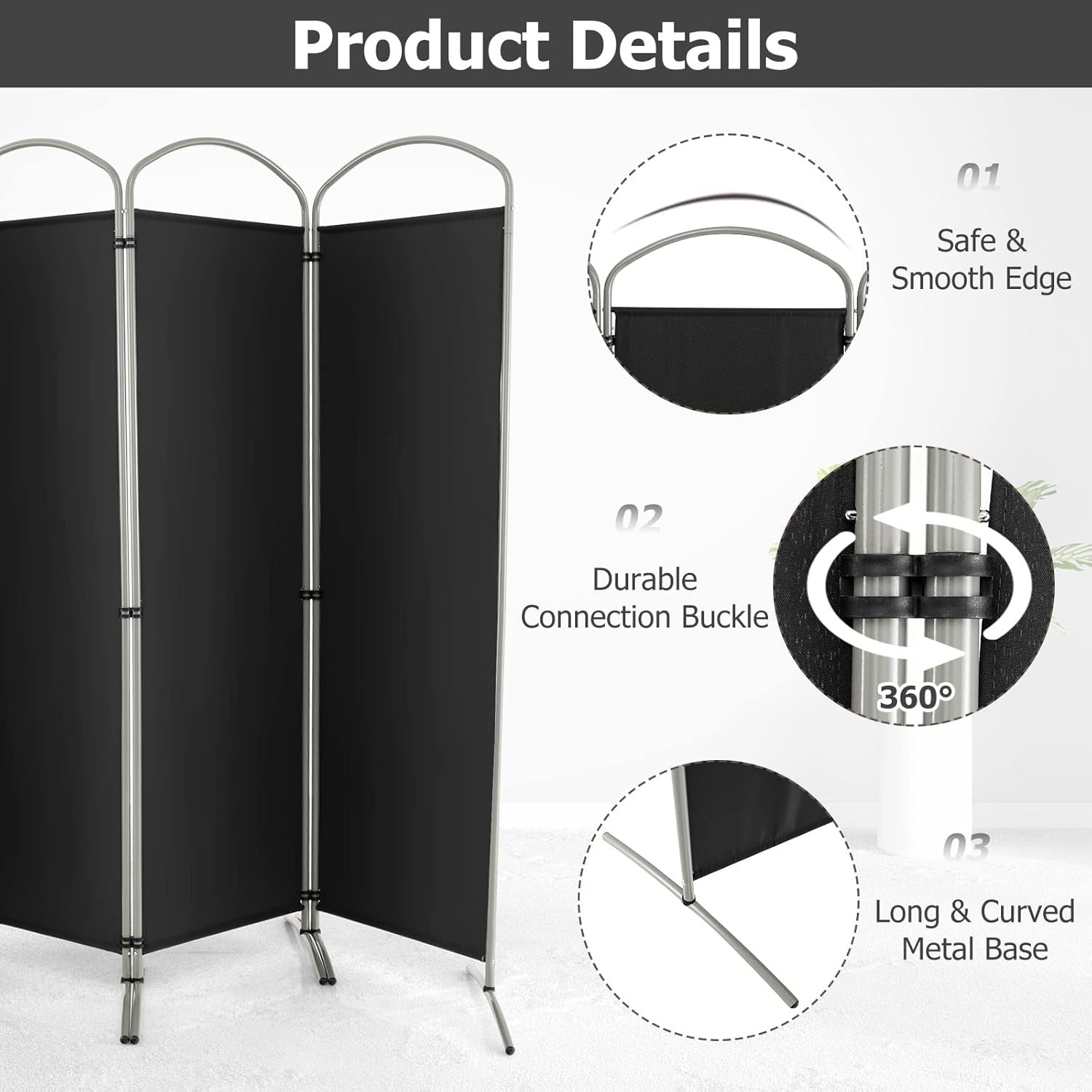 4 Panel Black Folding Room Divider Privacy Screen for Bedroom Office Decor 188cm