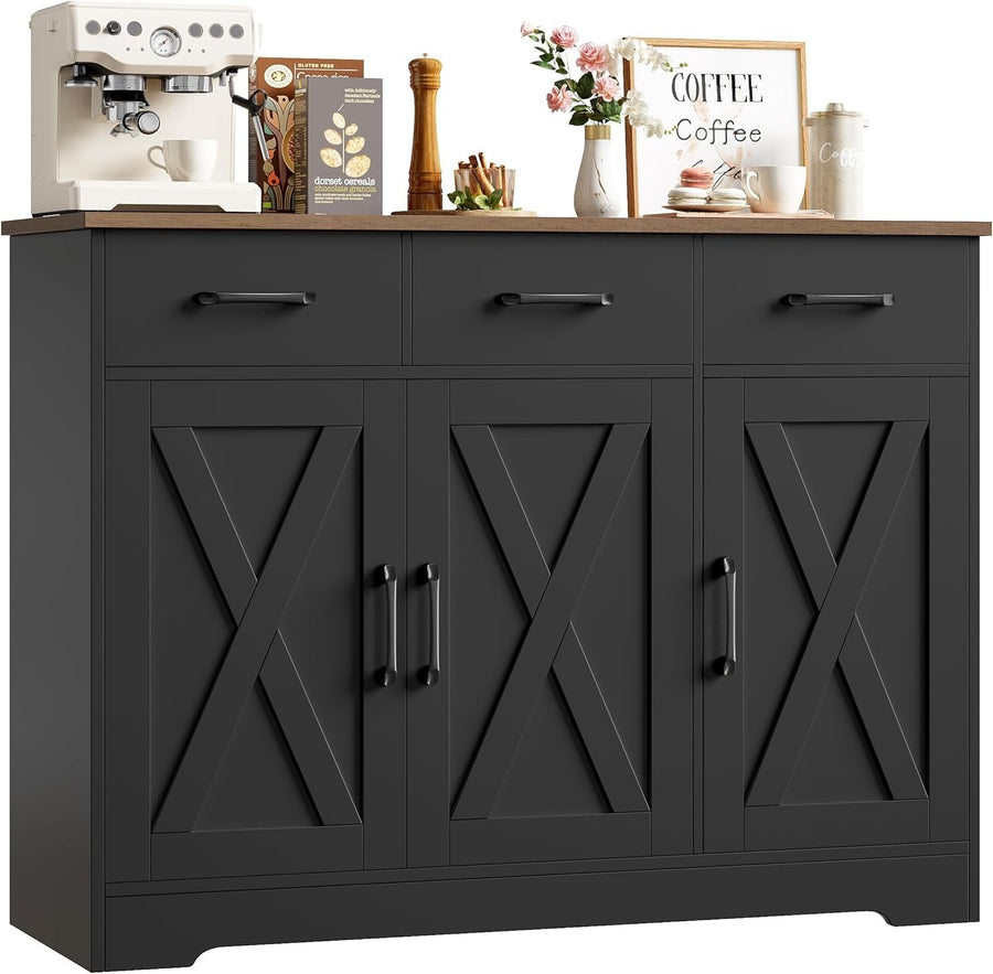Modern Sideboard Cabinet Black Brown – 3 Drawers 3 Doors, 108cm Storage Unit