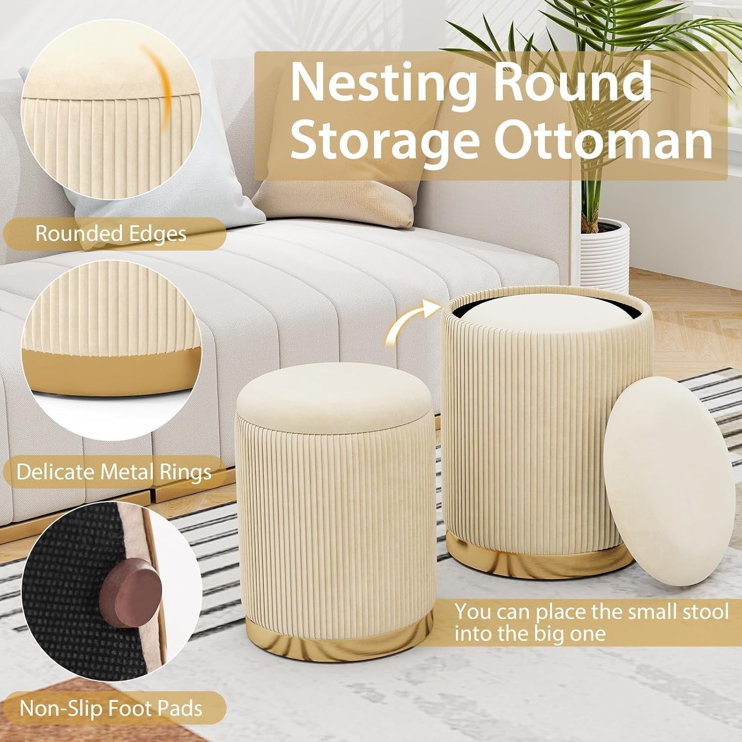 Set of 2 Beige Velvet Nesting Storage Footstools with Gold Trim Round Ottoman
