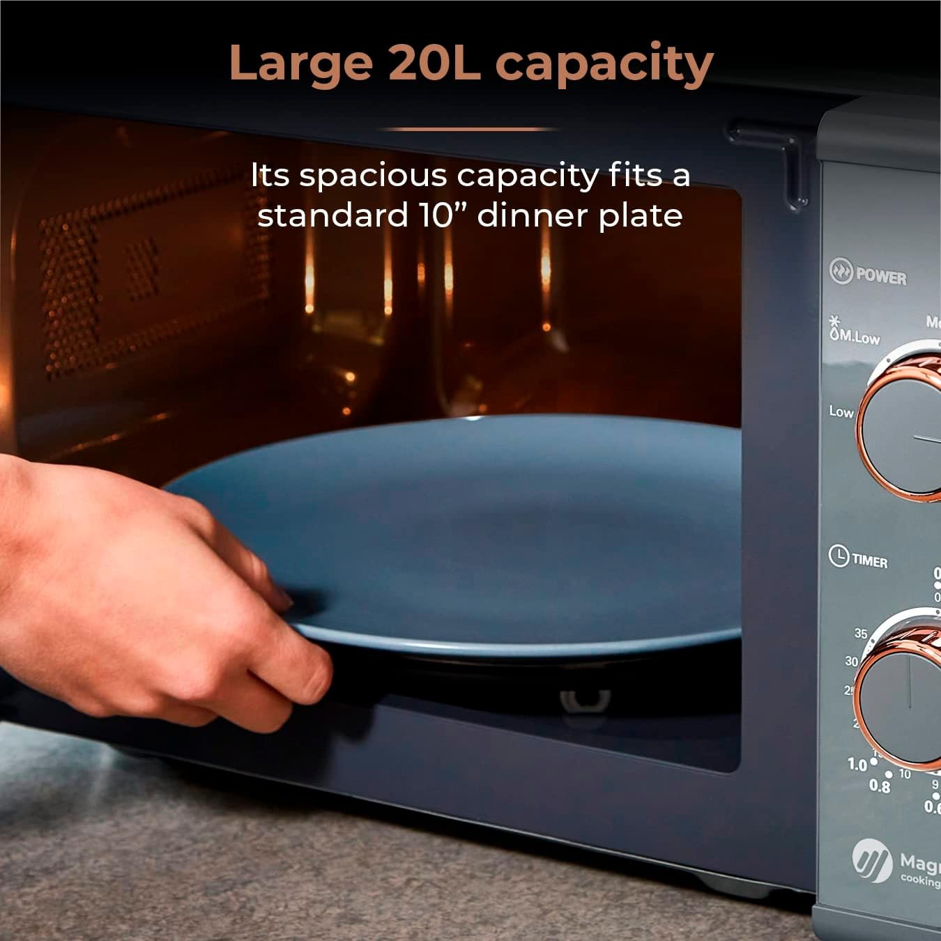 Grey & Rose Gold 20L Manual Microwave 800W 5 Power Levels 35 Min Timer