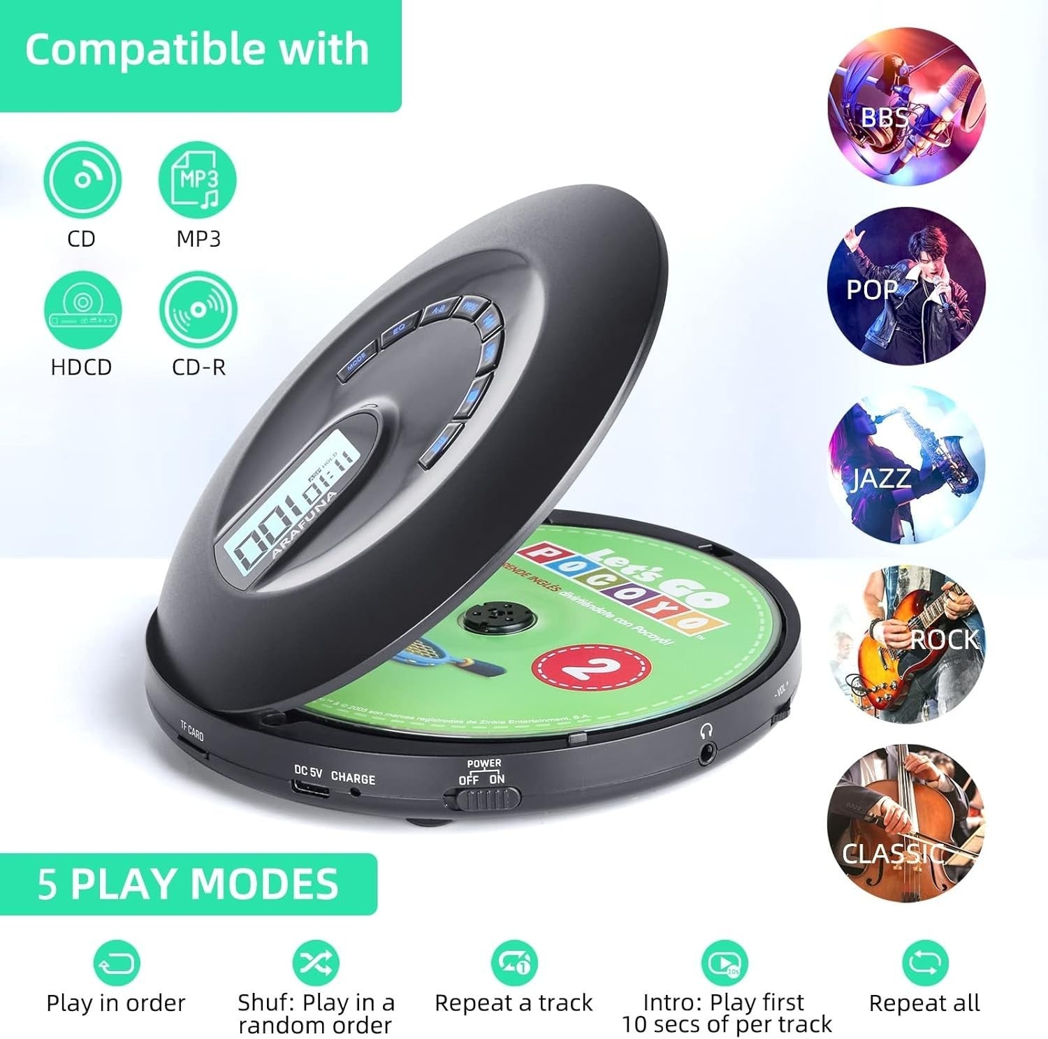 Portable Rechargeable CD Player Anti Skip LCD AUX Headphones Travel