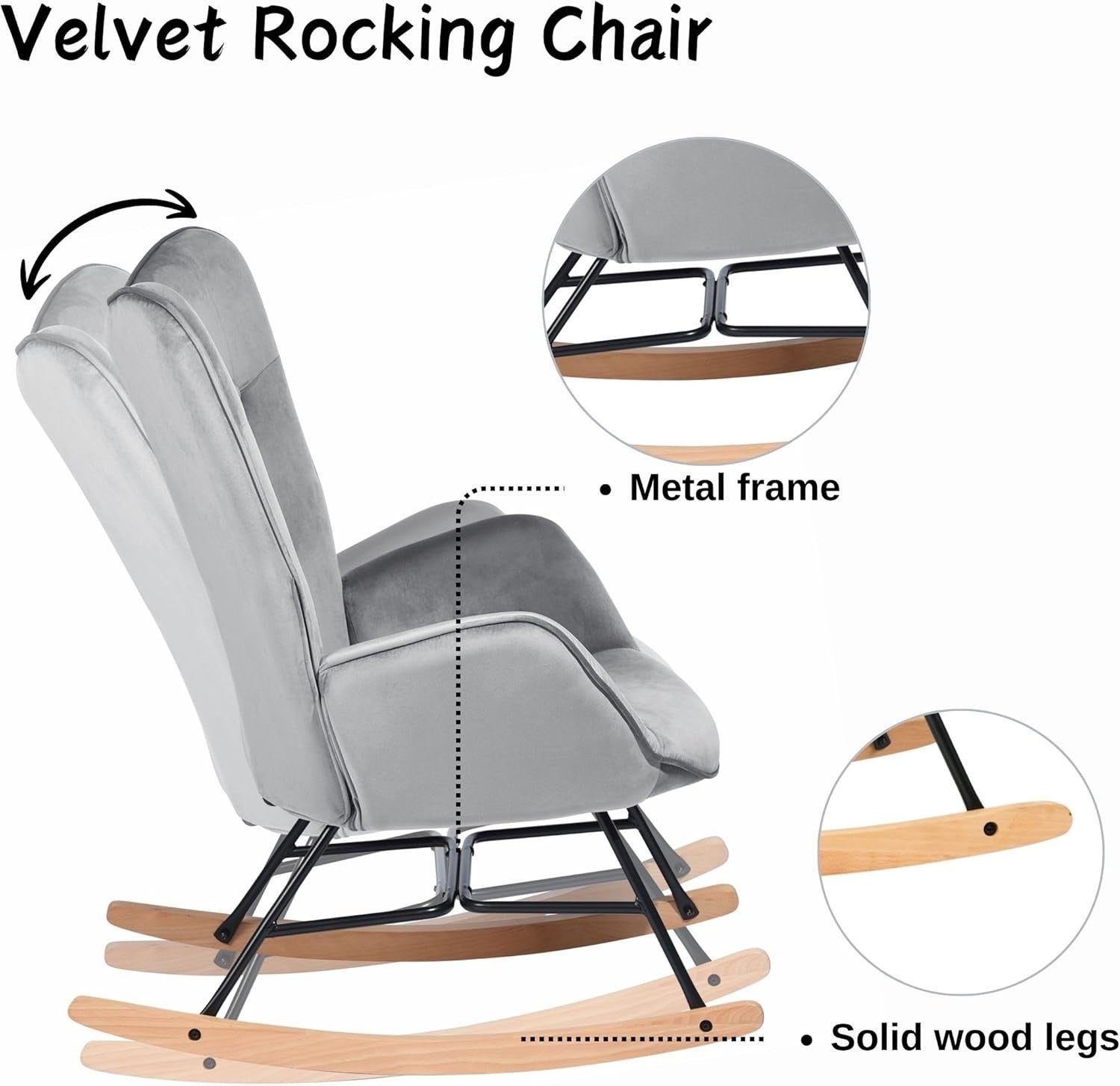 Velvet Rocking Chair Grey High Back Comfy Armchair for Lounge Nursery