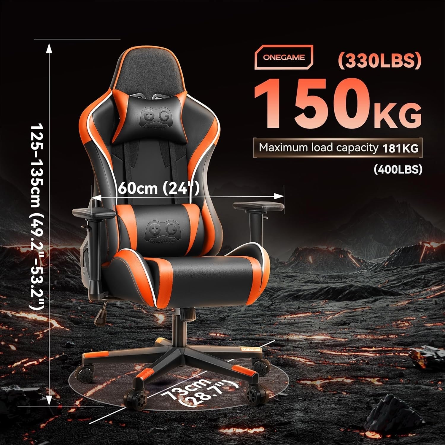 Orange High Back Gaming Chair Adjustable Lumbar Swivel PU Leather Office Studio