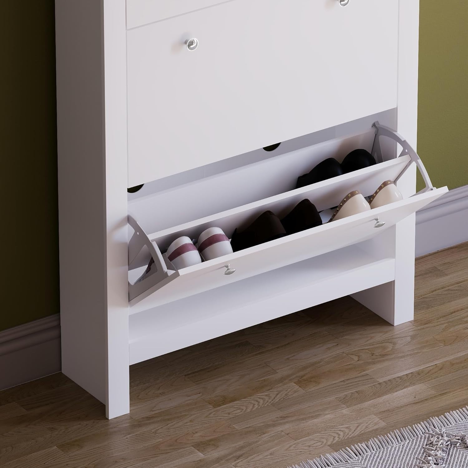 Modern 2-Door Shoe Cabinet with 2 Drawers – Slim White & Oak Storage