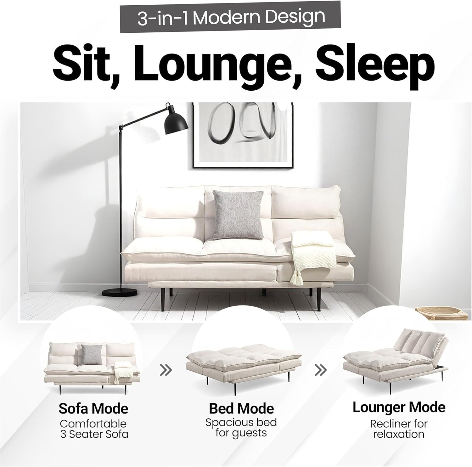 3 Seater Sofa Bed Modern Click Clack Recliner Beige Padded Couch New