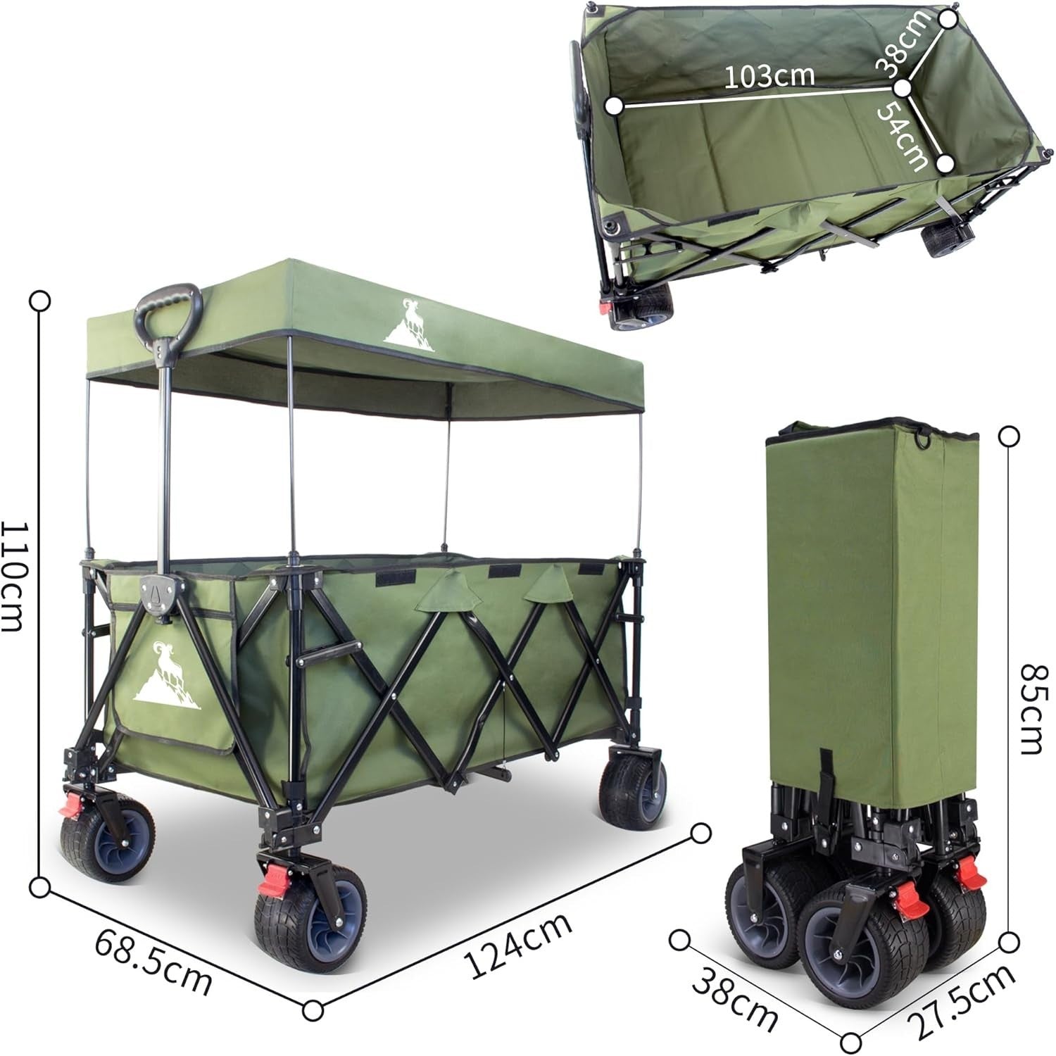 445L Extra Large Folding Wagon Heavy Duty All-Terrain Cart w/ Brakes Green