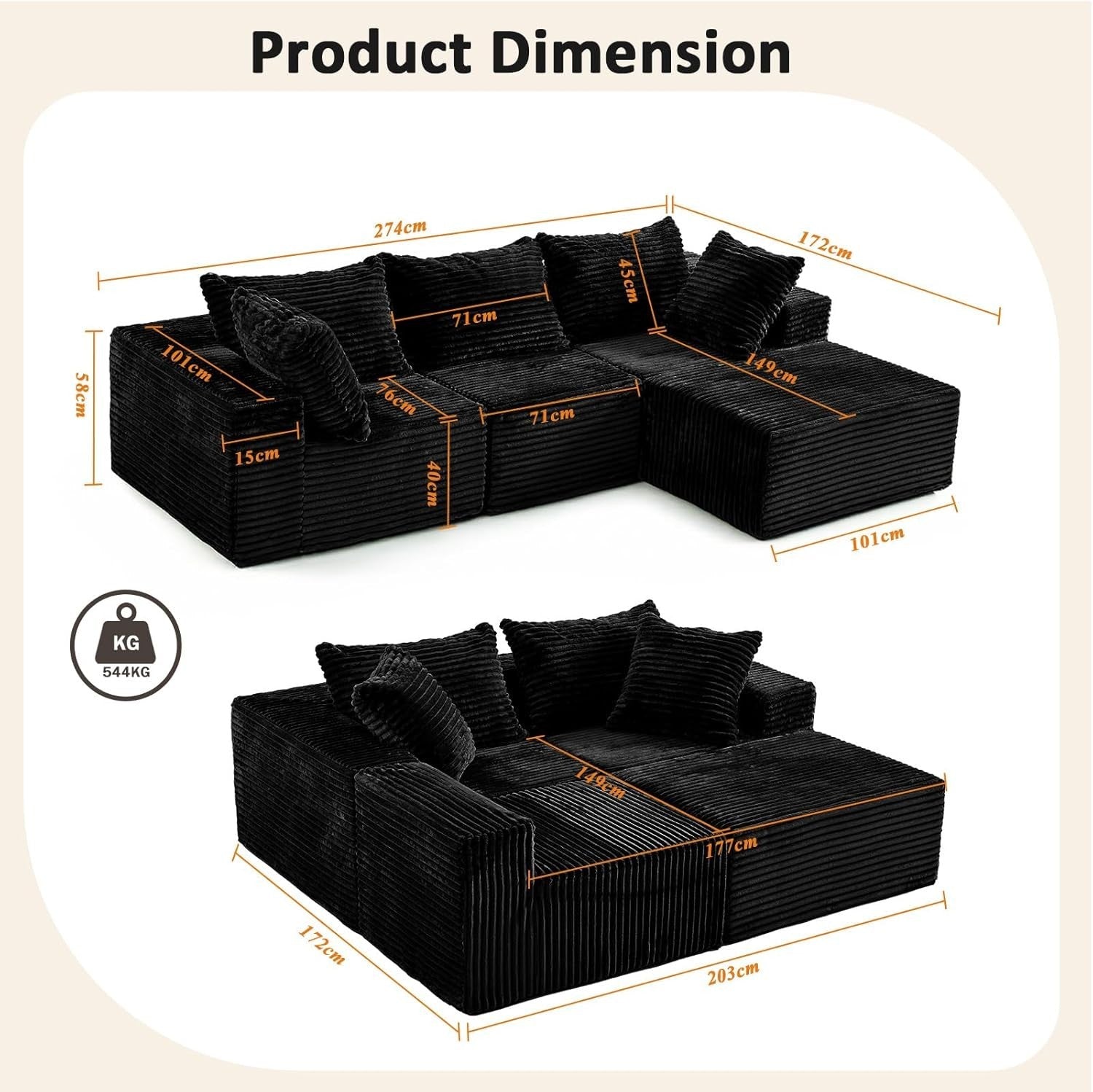 Modular 3/4 Seater Sofa Black Corner Couch No Assembly, Memory Foam, 274cm