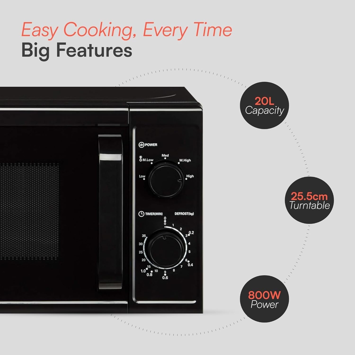 20L Freestanding Microwave 800W 5 Power Levels Quick Defrost Black