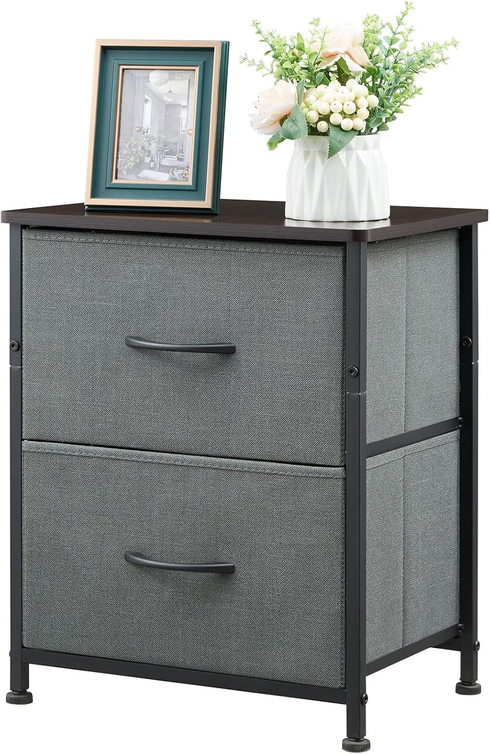 Charcoal Grey Bedside Tables Set of 2 with Fabric Drawers, Metal Frame
