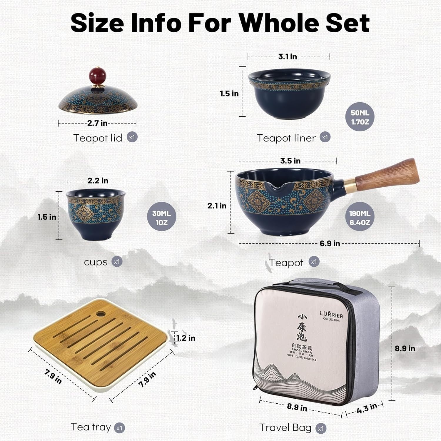Portable Gongfu Tea Set Rotating Teapot Infuser Travel Tea Kit Blue