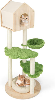 Wooden Cat Tree Kitten Tower with Condo Hammock Scratching Posts 139cm