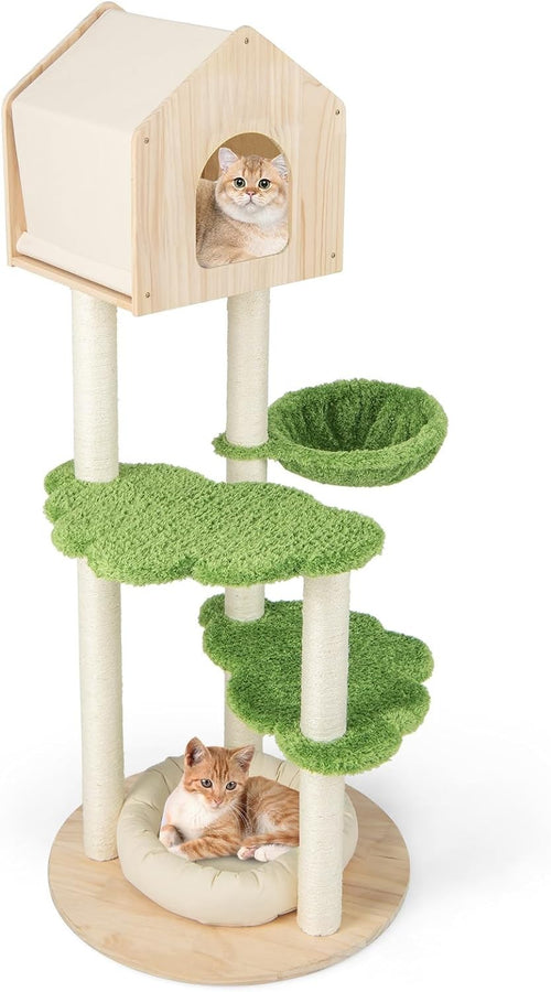 Wooden Cat Tree Kitten Tower with Condo Hammock Scratching Posts 139cm