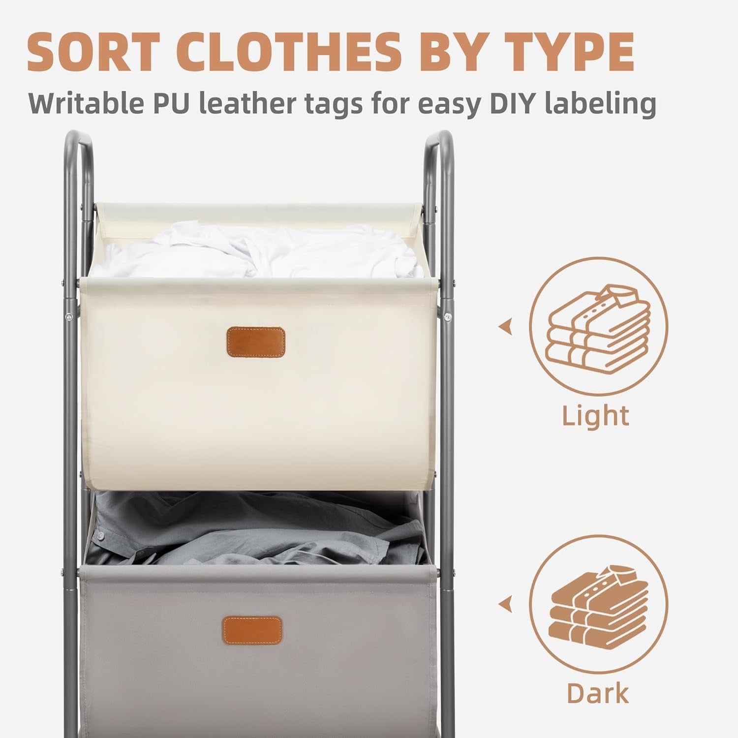 2 Tier Vertical Rolling Laundry Hamper 80L Removable Bags Space Saving Cart