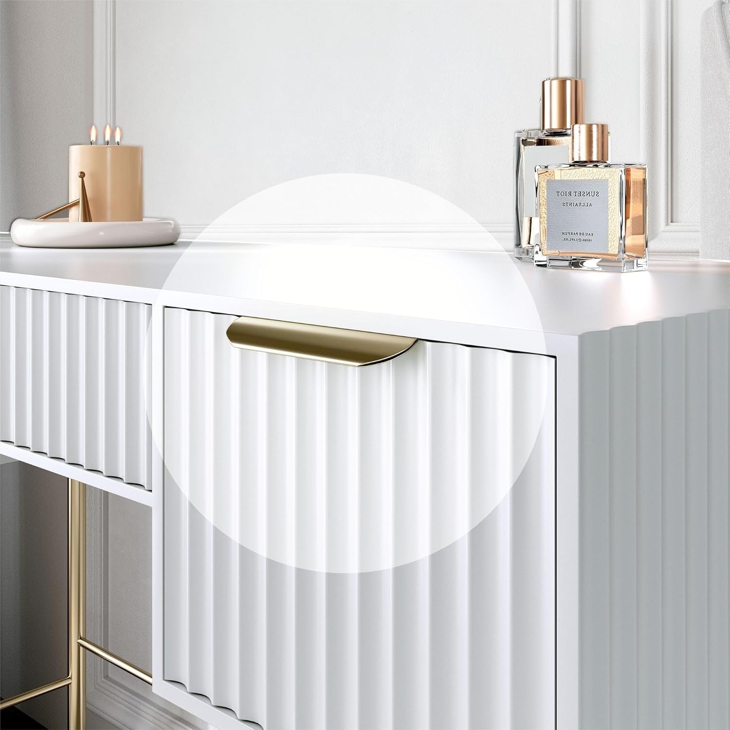 White Modern Dressing Table 3 Drawer Gold Handles Desk Vanity Makeup Storage