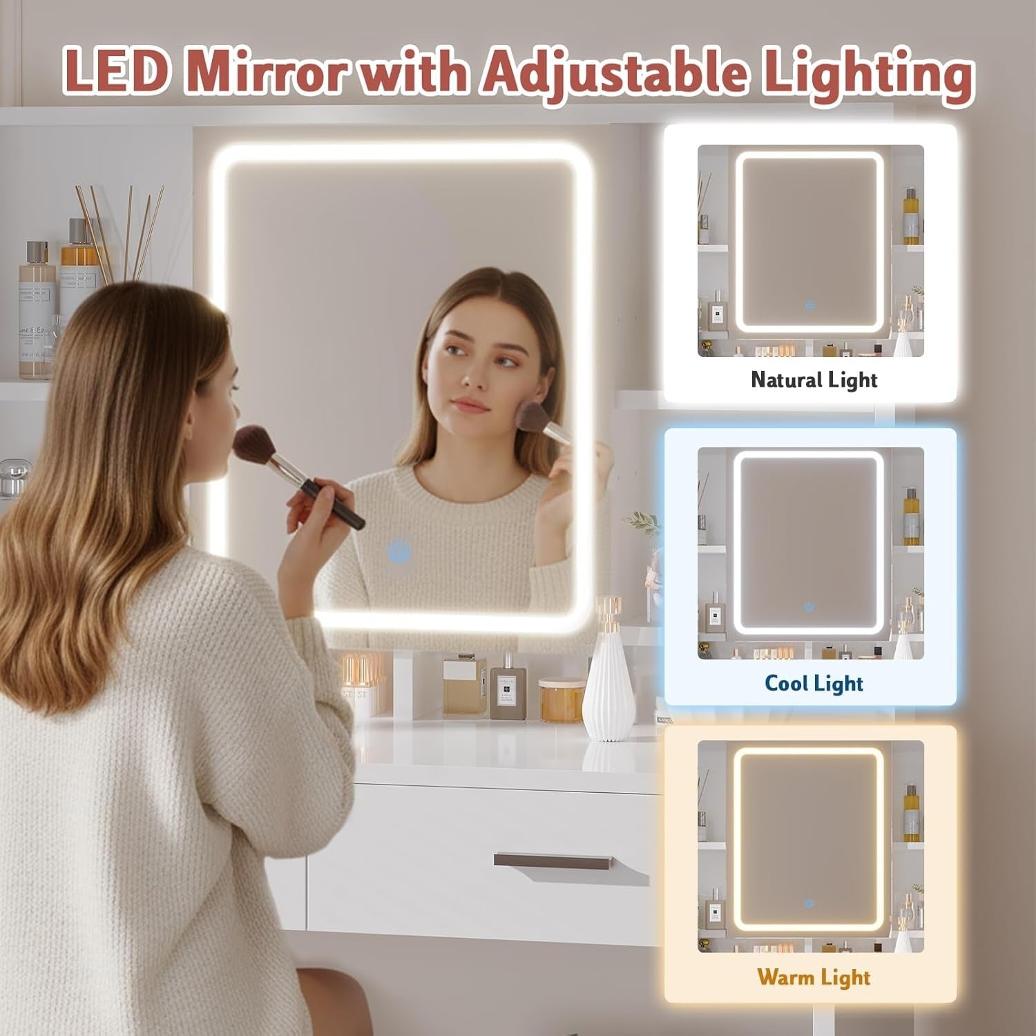 White Vanity Dressing Table with LED Mirror 3-Colour Lights Storage Drawers