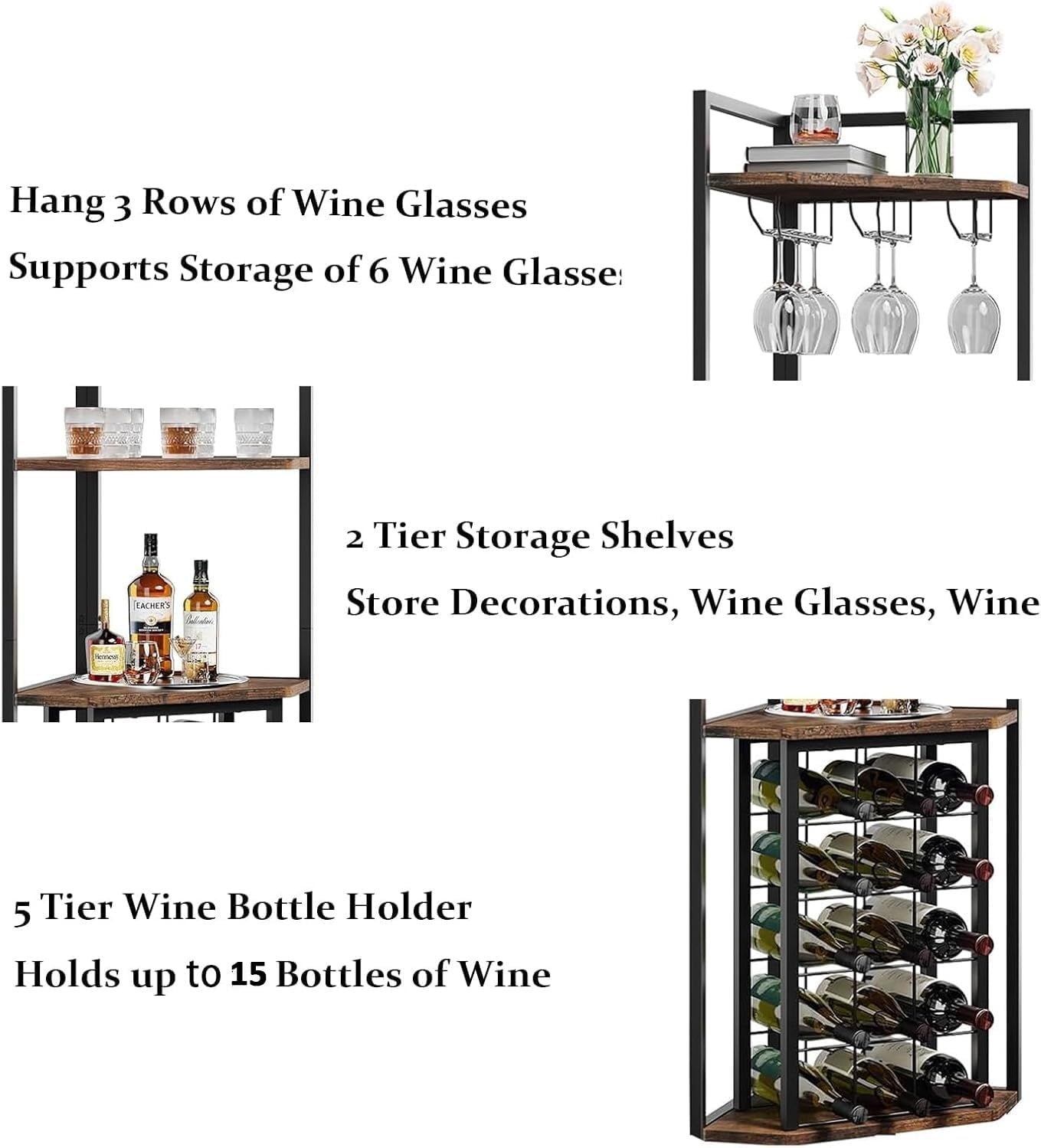 Tall Corner Wine Rack Shelf with 15 Bottle Holder & Glass Hanger Industrial