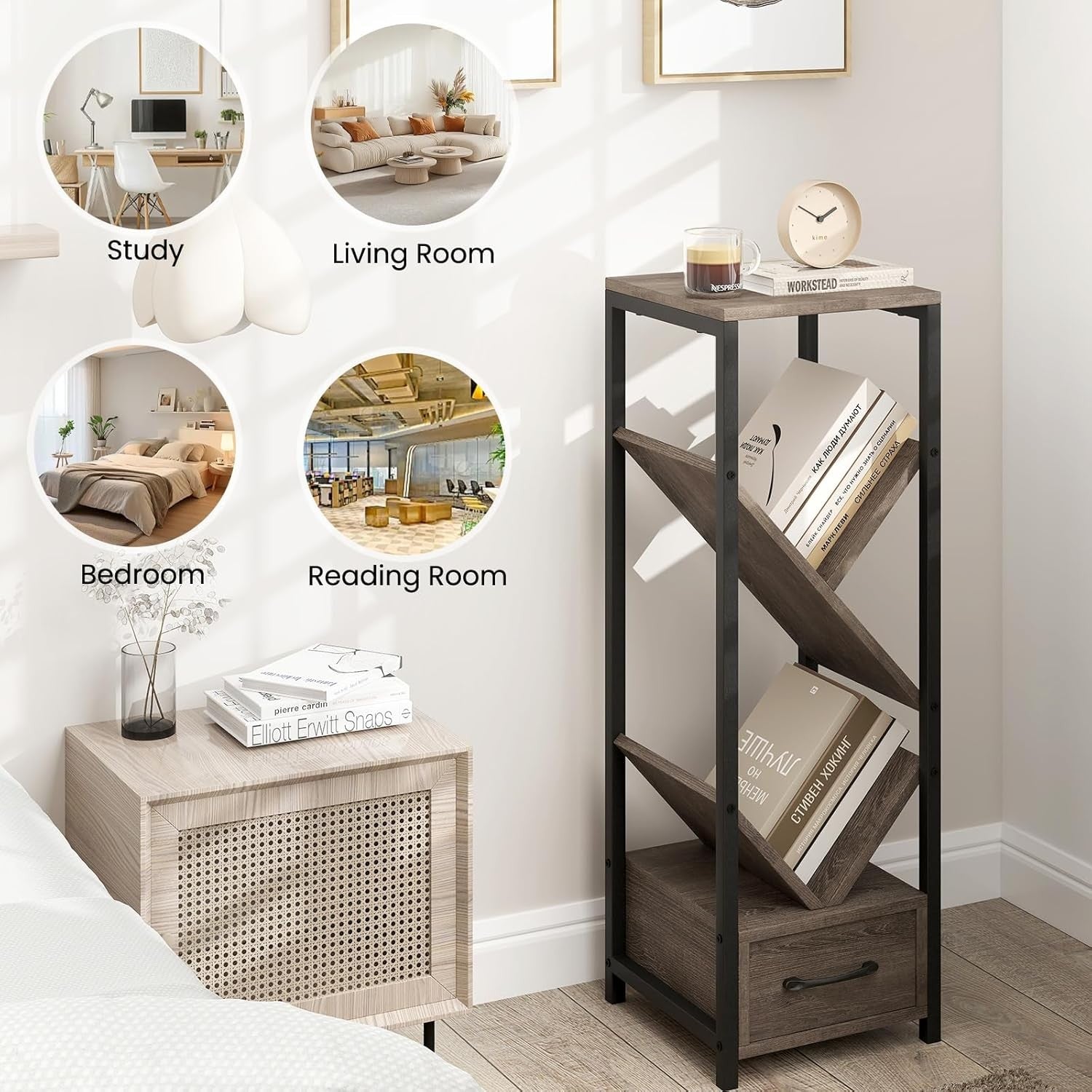 Set of 2 Industrial 4-Tier Tree Bookshelves with Drawers & Display Storage Units