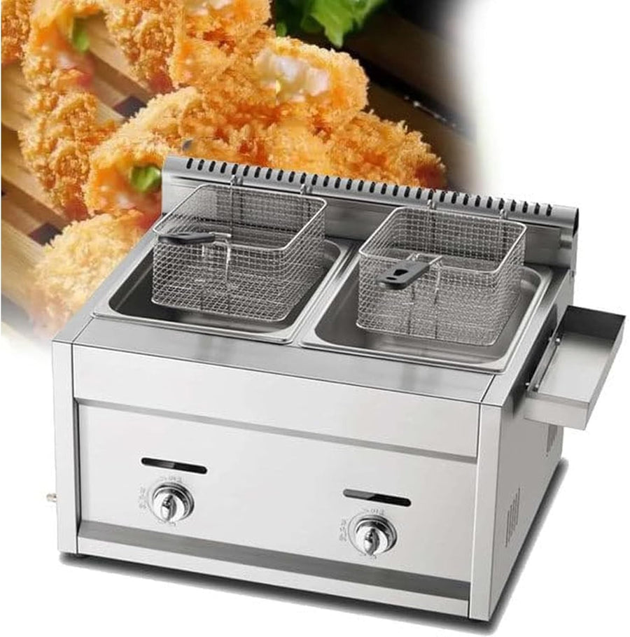 Commercial LPG Gas Deep Fryer Double Tank 18L Stainless Steel