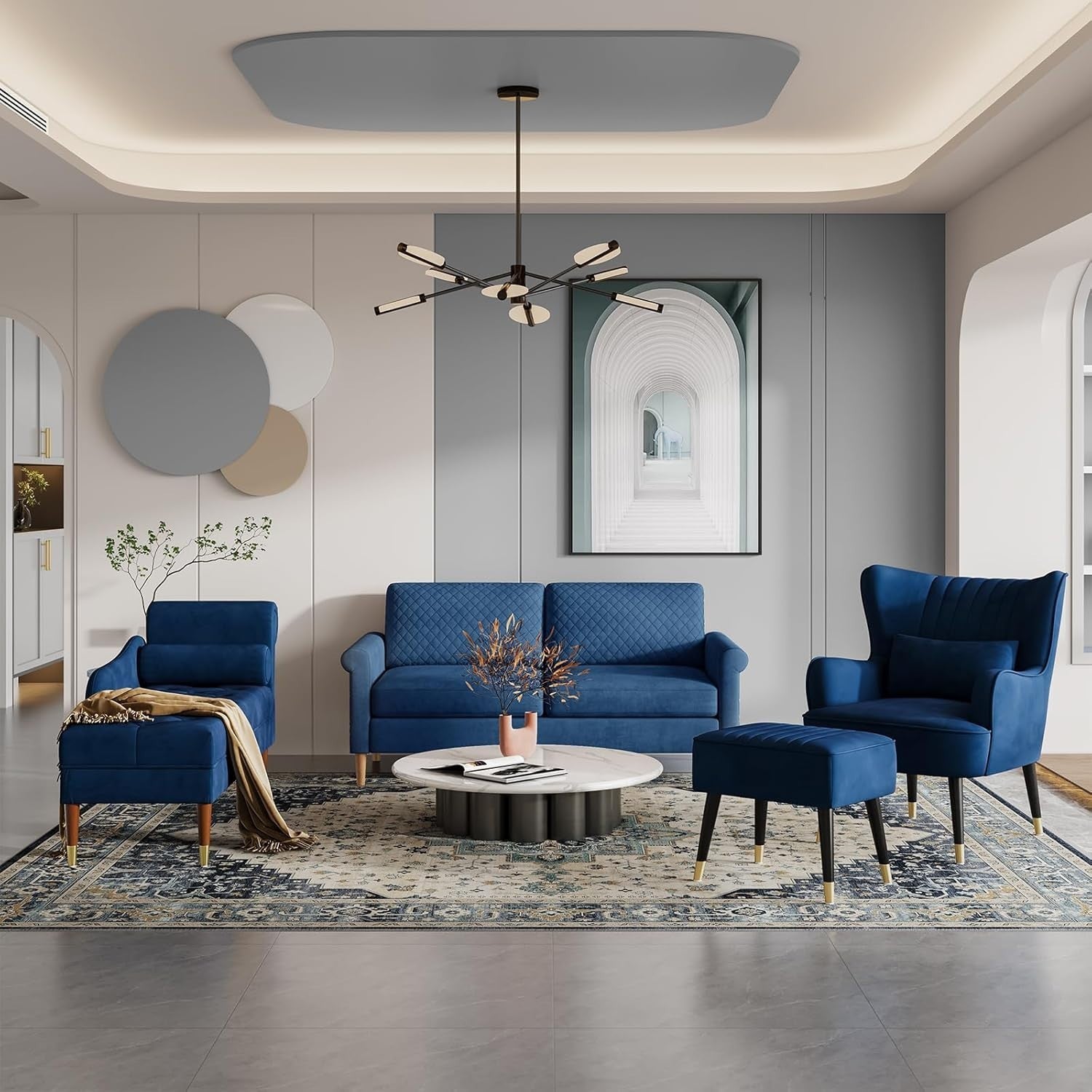 Luxury Blue Velvet Chaise Lounge Sofa Right Armrest – Space-Saving & Comfy
