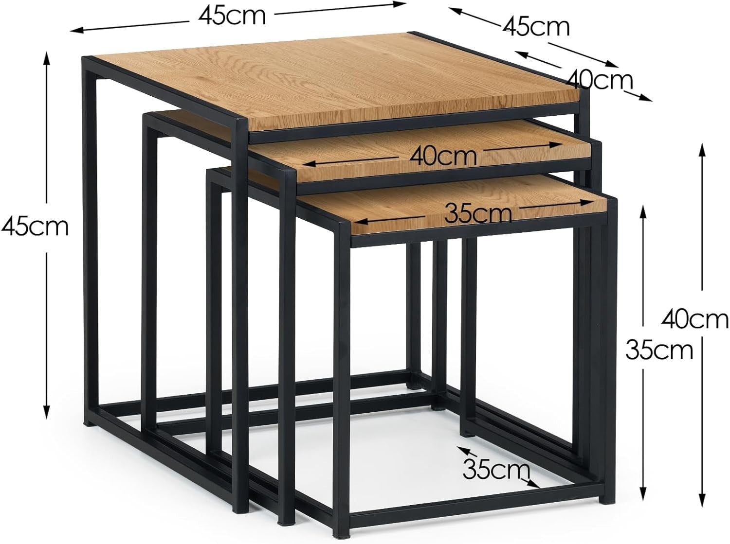 Space Saving Nesting Coffee Tables Set 3 Black Euro Oak Square Metal Frame