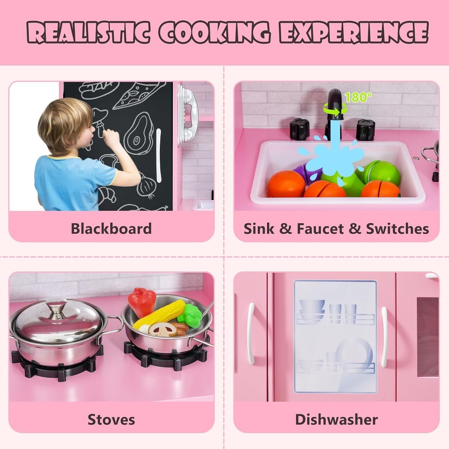 Kids Wooden Play Kitchen Blackboard Microwave Ice Maker Pink Set