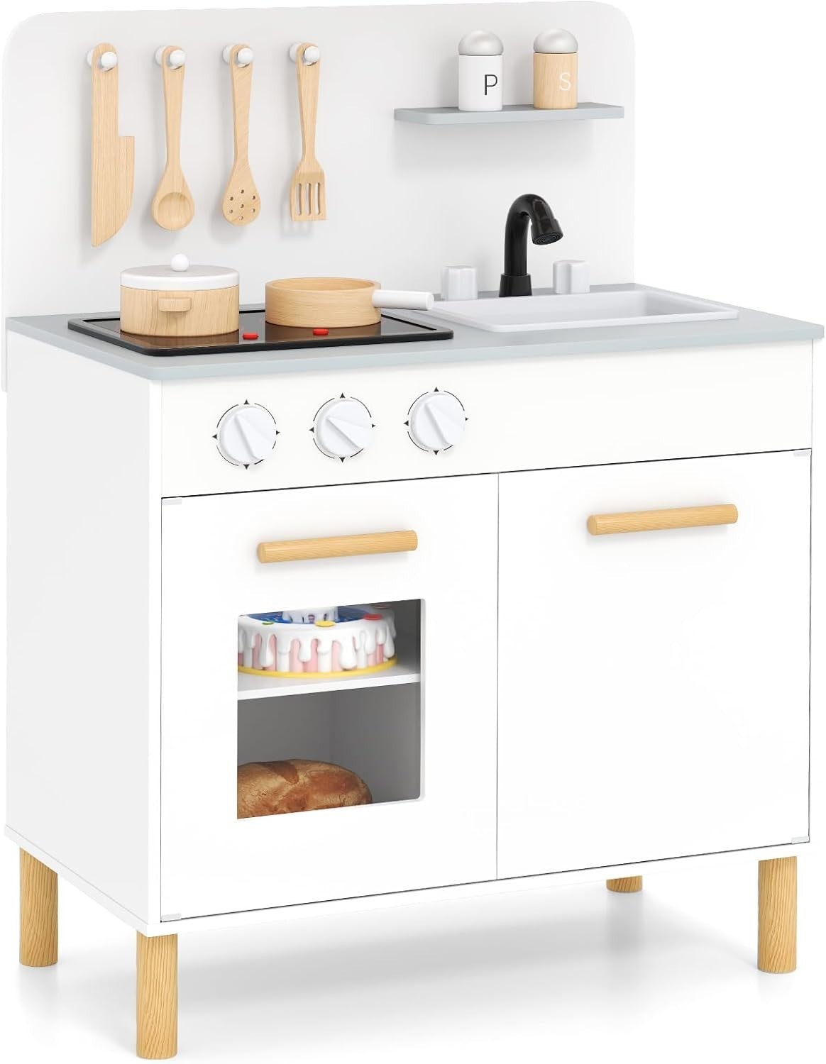Wooden Kids Play Kitchen White w/ Lights Sounds Oven Accessories