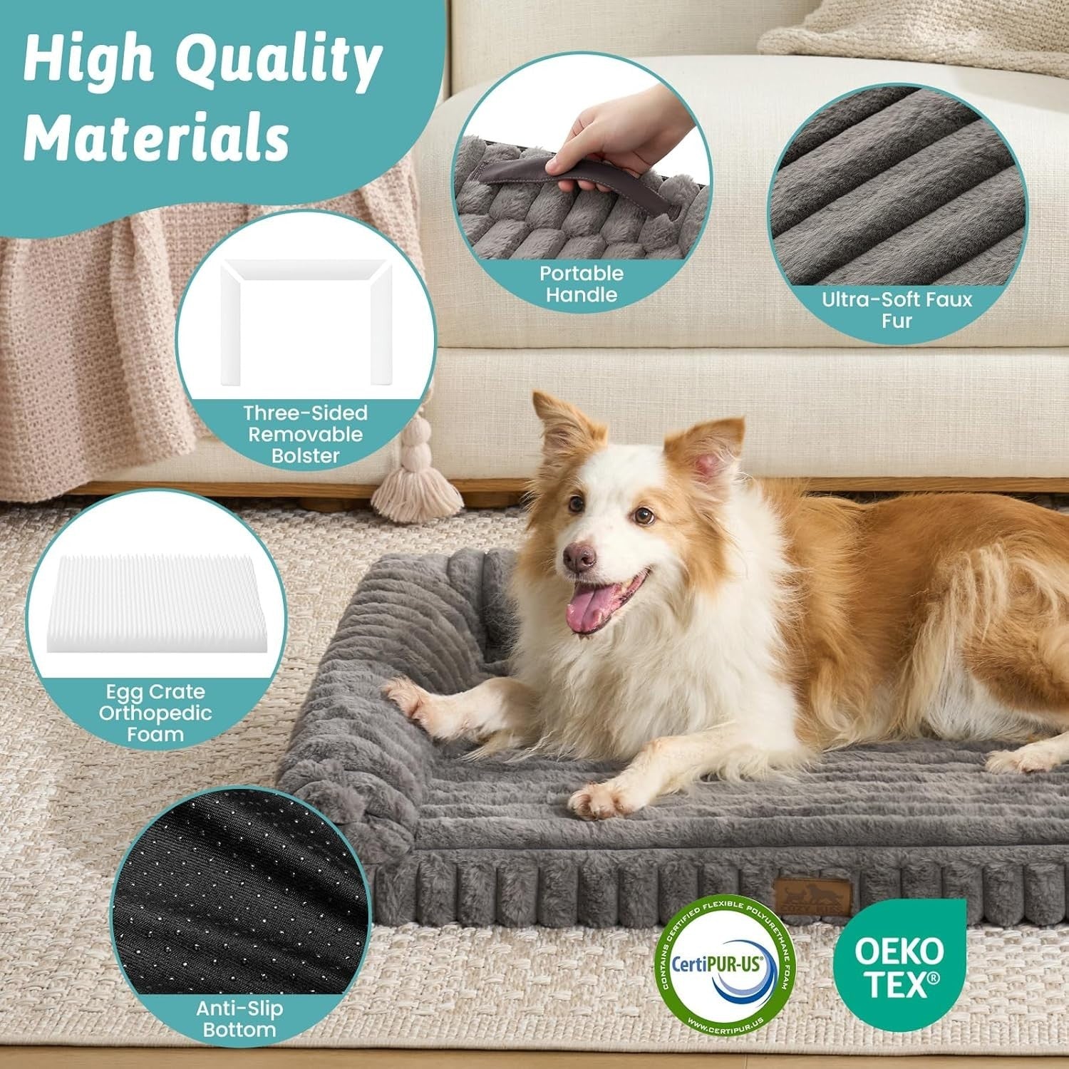 Medium Orthopedic Dog Bed 76x50cm Waterproof Washable Sofa Grey