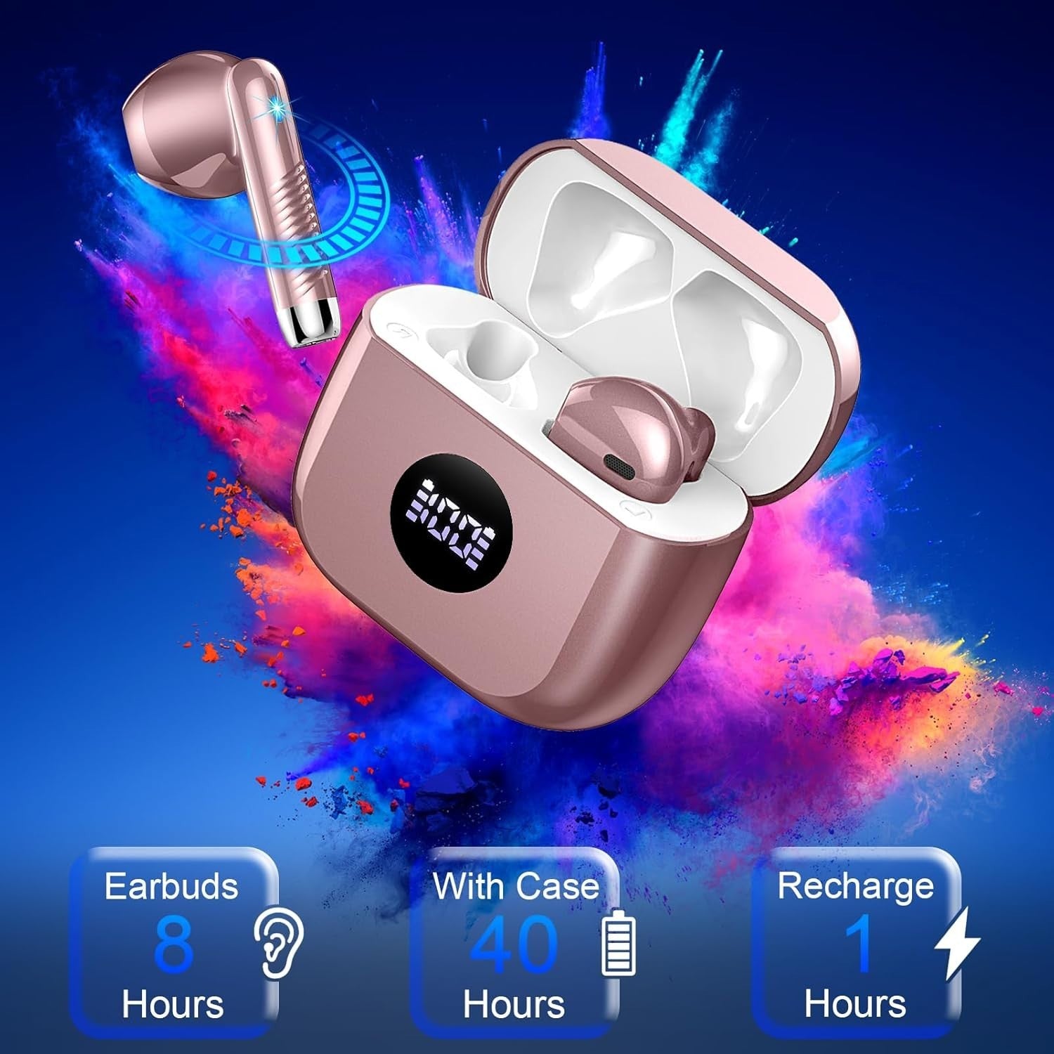 Bluetooth 5.4 Pink Gold Earbuds ENC Mic 40H Deep Bass LED Touch IP7