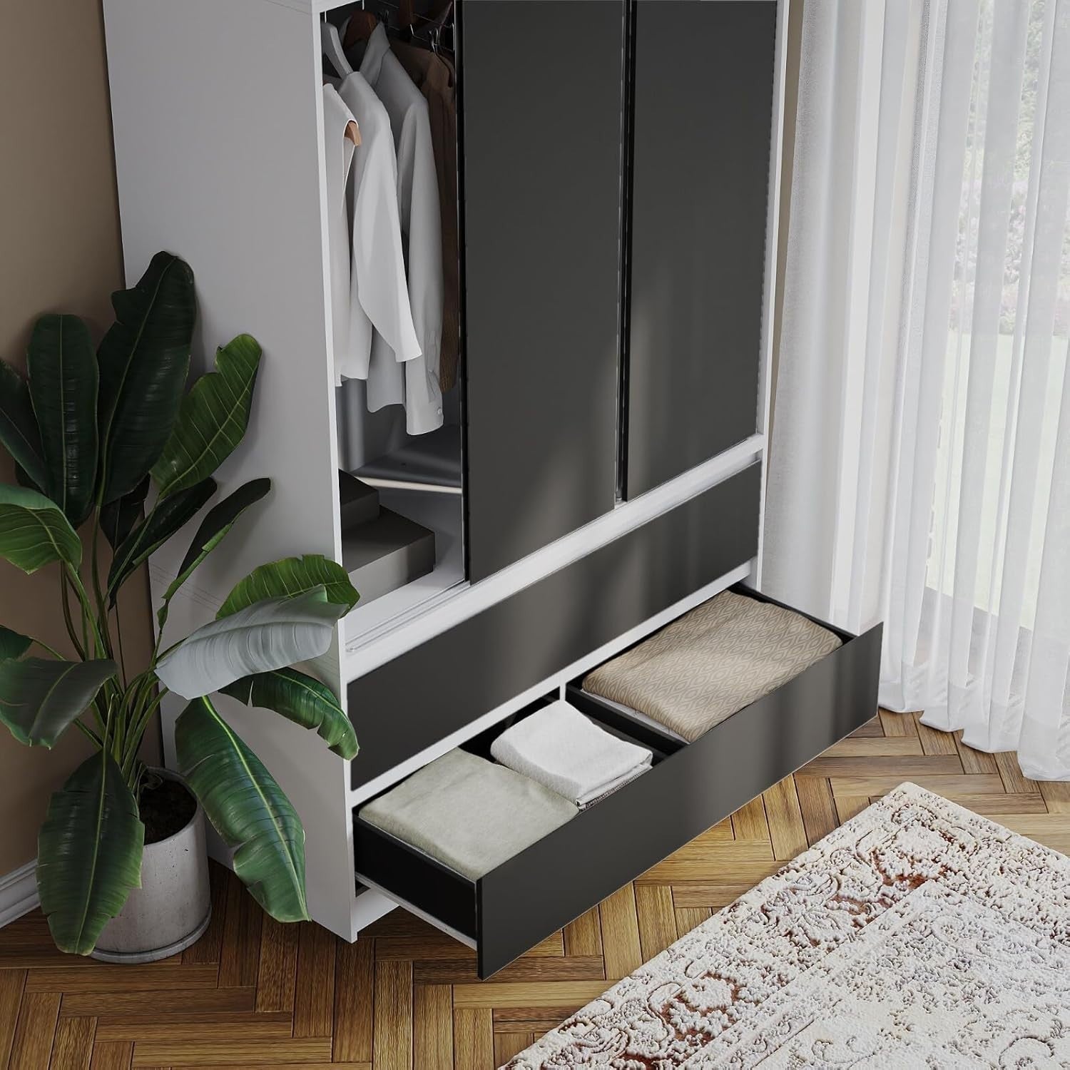 Black Door Sliding Wardrobe 240cm 6 Doors 4 Drawers Spacious Bedroom Closet