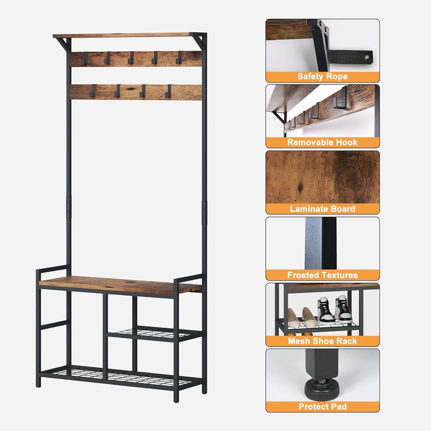 Rustic Brown Industrial Coat Rack with Shoe Bench | 9 Hooks Hall Tree Stand