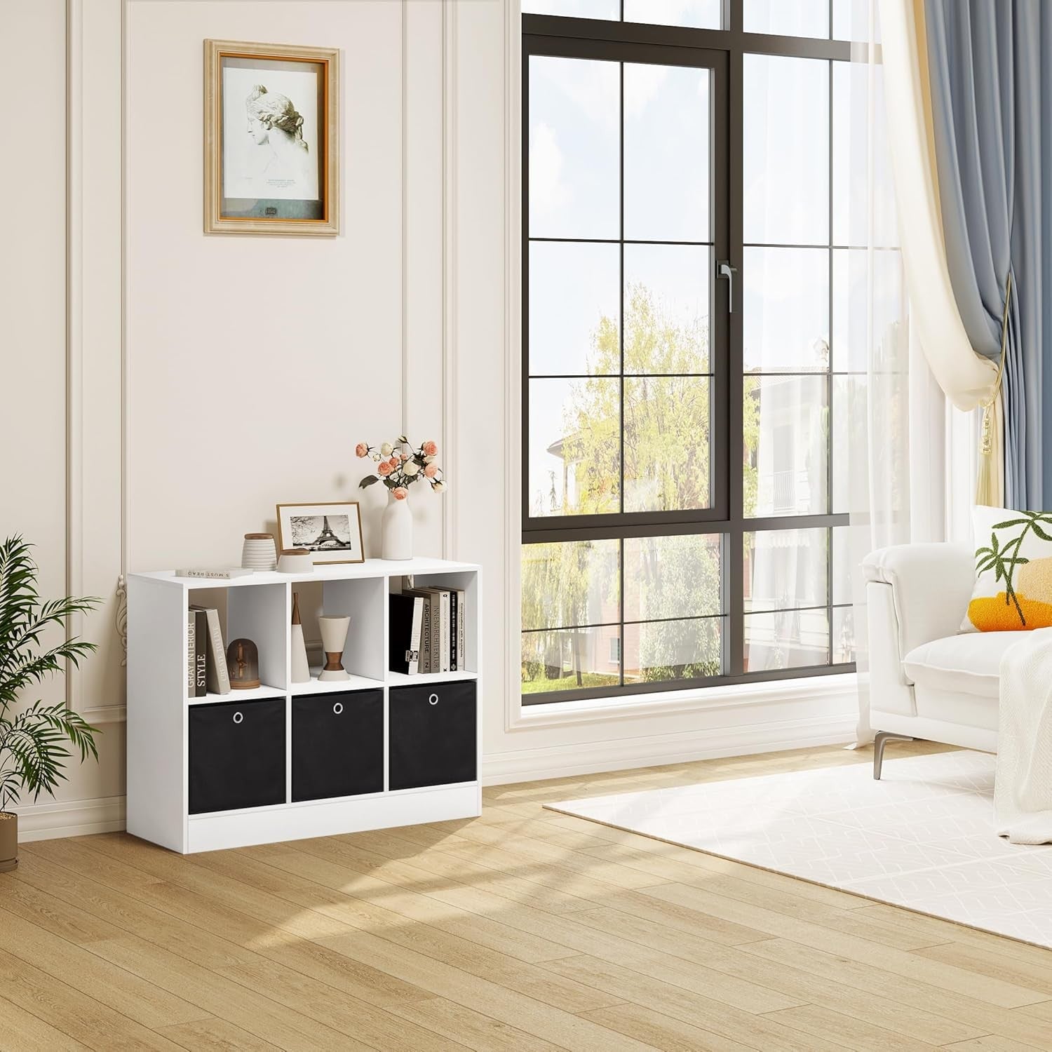Modern 6-Cube Storage Bookcase with Fabric Drawers | Wide Display Shelf Unit