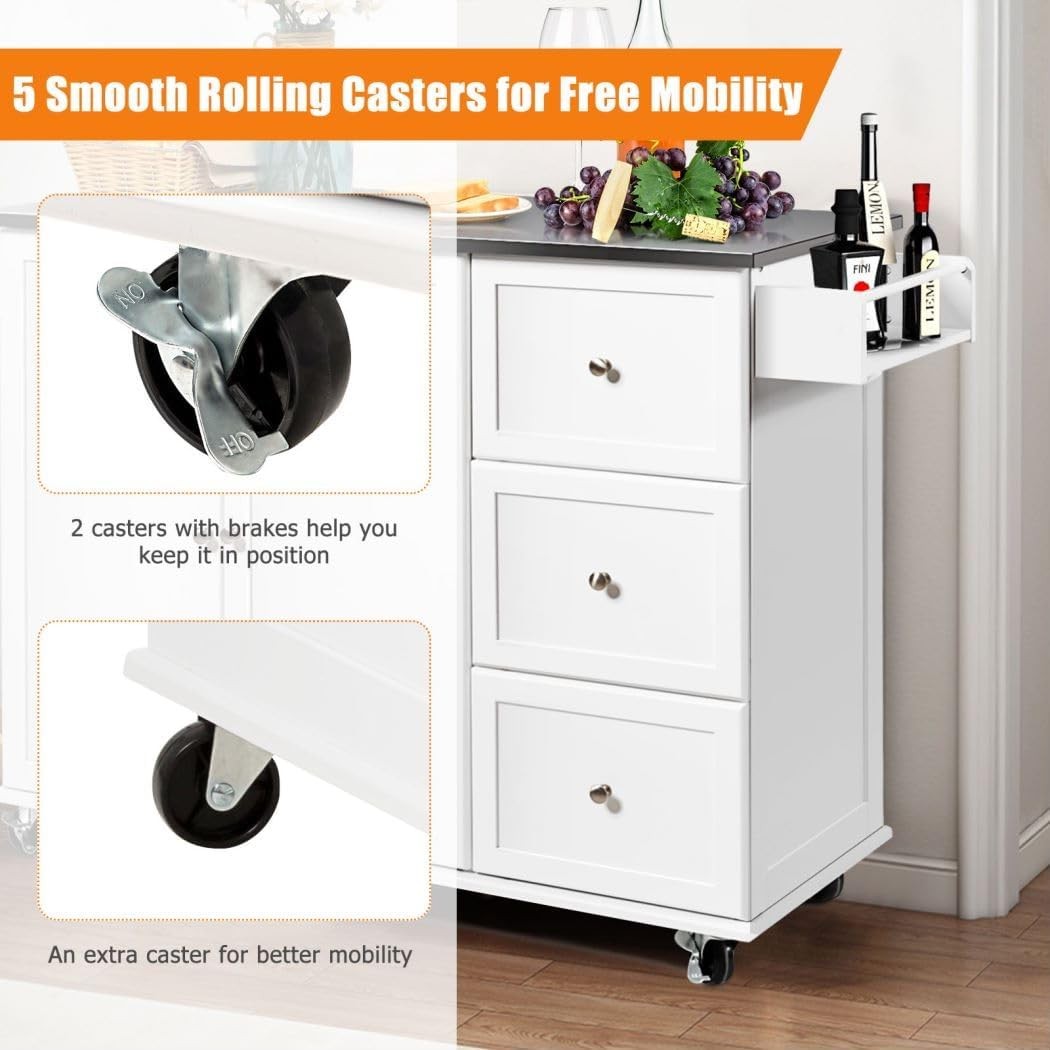 Kitchen Island Cart on Wheels Storage Cabinet Trolley with Steel Worktop