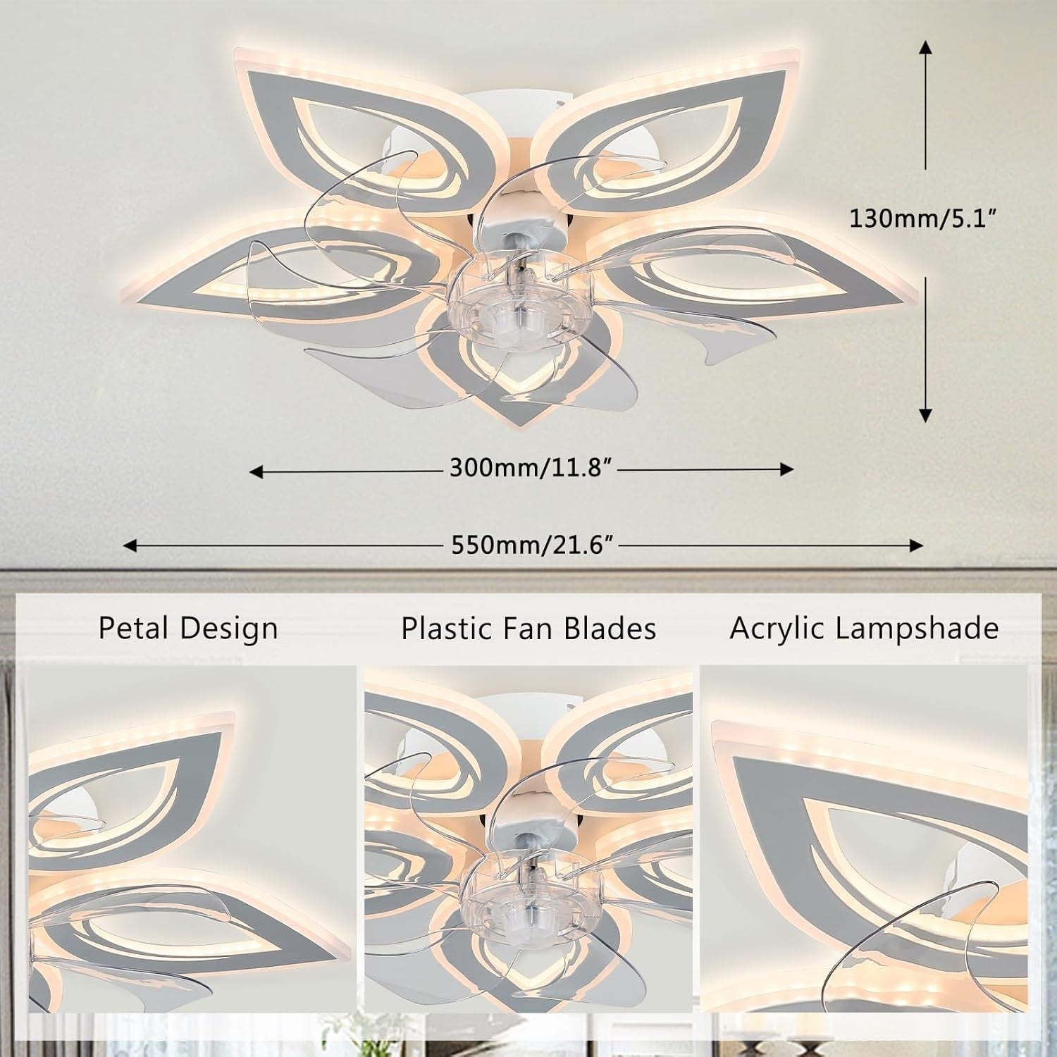 Jenvkoil 12" LED Ceiling Fan with Lights, Quiet, Dimmable, Remote, Smart