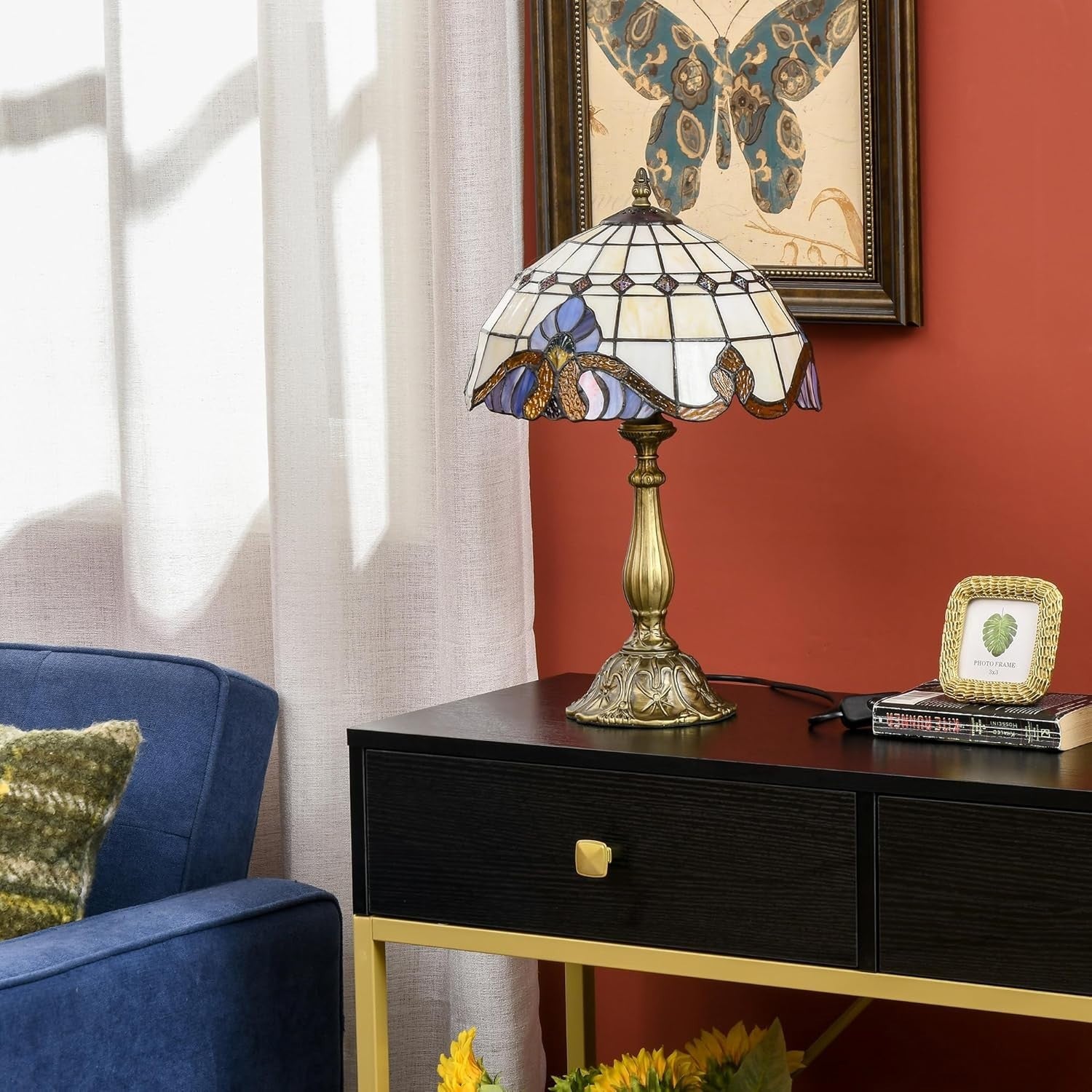 Vintage Stained Glass Table Lamp with Handmade Shade & Antique Base