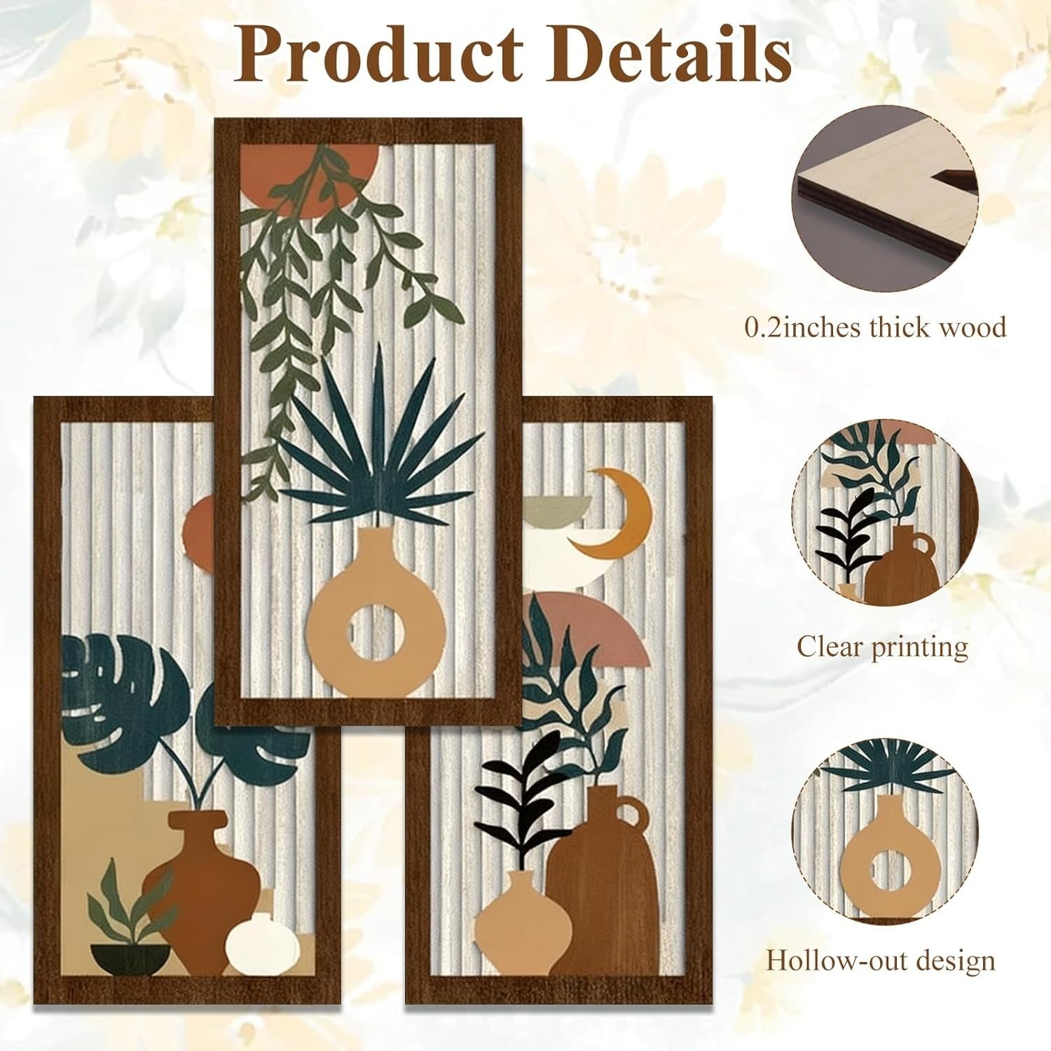 3 Pack Boho Wooden Wall Art Natural Wood Hanging Decor
