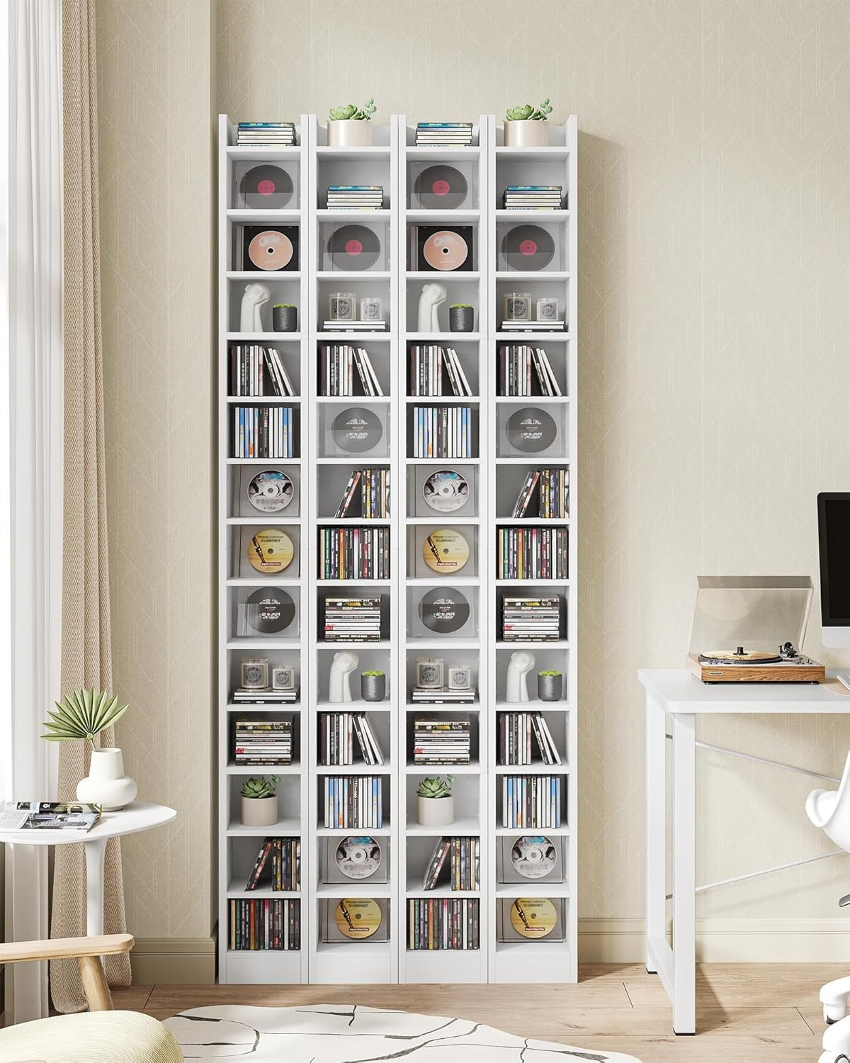 CD DVD Storage Tower 14 Shelf Media Rack Adjustable Bookcase White