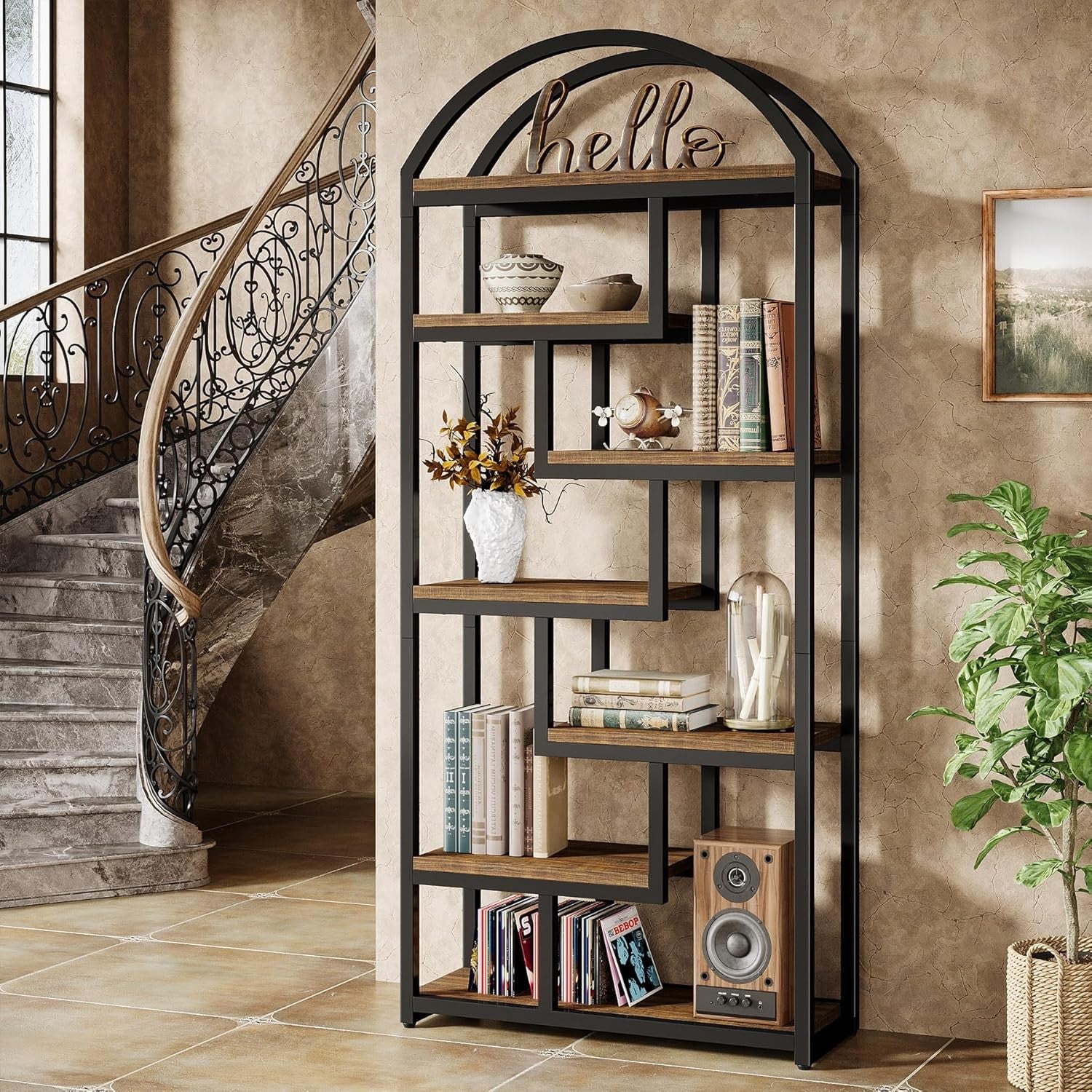 180cm Tall Arch Bookshelf | 7-Tier Rustic Industrial Wood & Metal Display Shelf